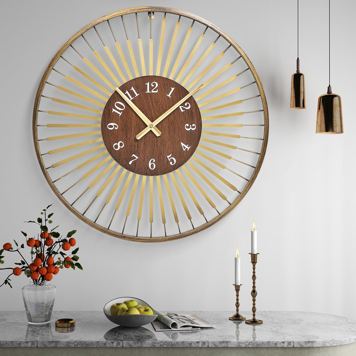 XGGJWW 24 Inch Mid-Century Modern Wall Clock, Round Frame Metal Design with Walnut Wood Center, Silent Quartz Movement, Gold-Tone Accents – Decorative Wall Clock for Living Room, Bedroom, and Office