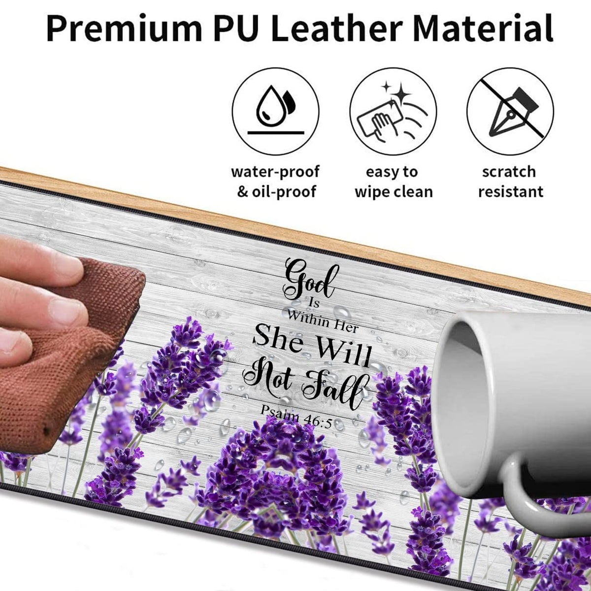 Large Gaming Mouse Pad 31.5x11.8 Inch Keyboard Pad + Ergonomic Wrist Rest Pad and Coaster with Non-Slip 3-Piece Desk Supplies Set, Bible Psalm 46:5 Lavender Design for Gamers/Office/Study