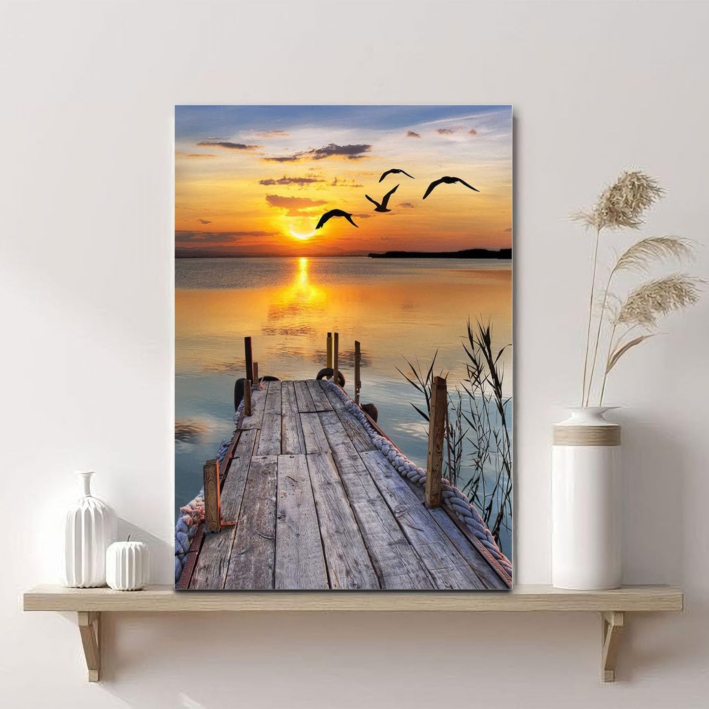 Sunset Wall Art Lakeside Pier Trail Canvas prints Sunset Nature Landscape Painting for Home Living Room Bedroom Office (12x16 inch) Framed