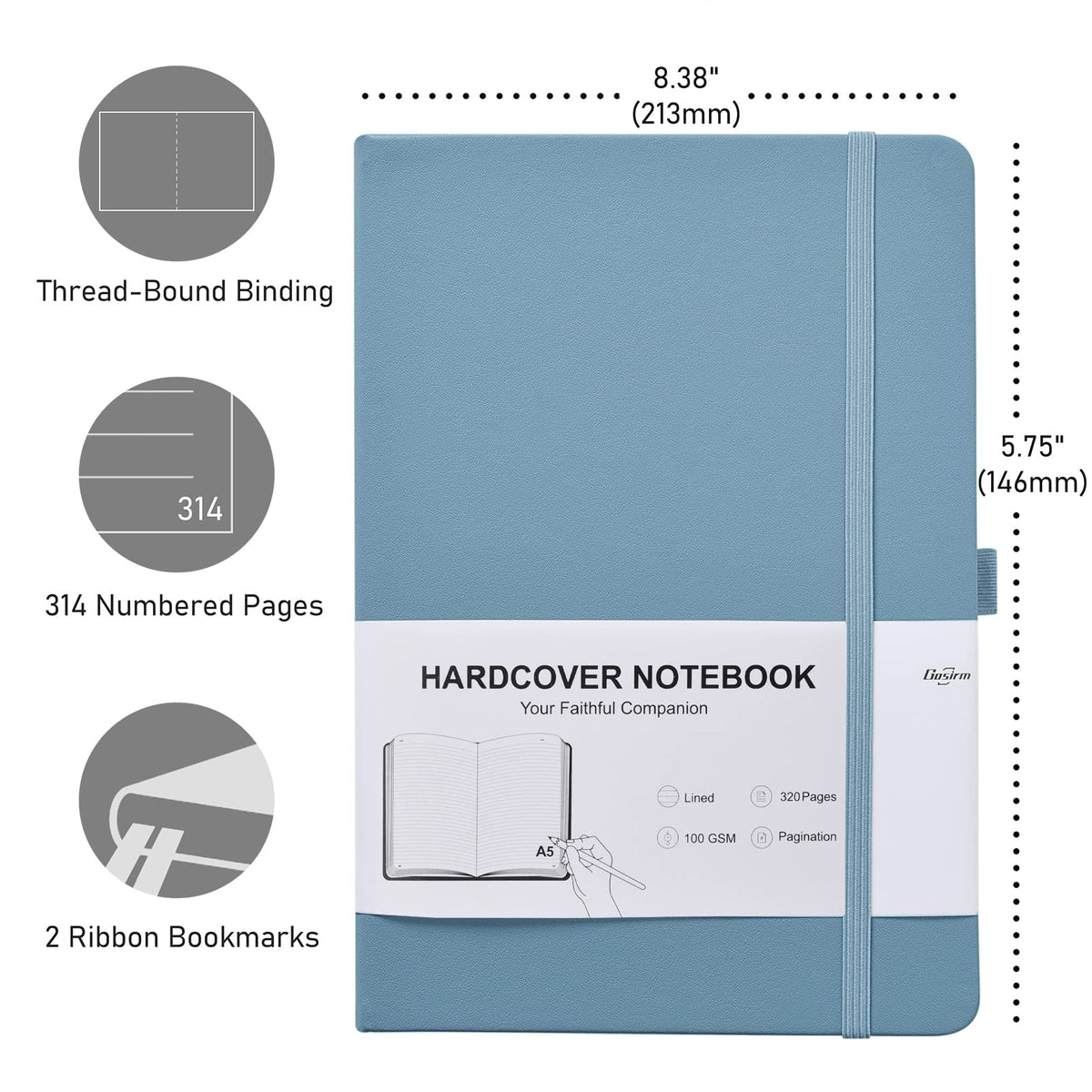 Lined Journal Notebook for Work, 320 Pages 100gsm Thick A5 (5.75"x8.38") College Ruled Journal for Women & Writing, Hardcover Notebook for Note Taking, Perfect for Office Home School Supplies, Blue