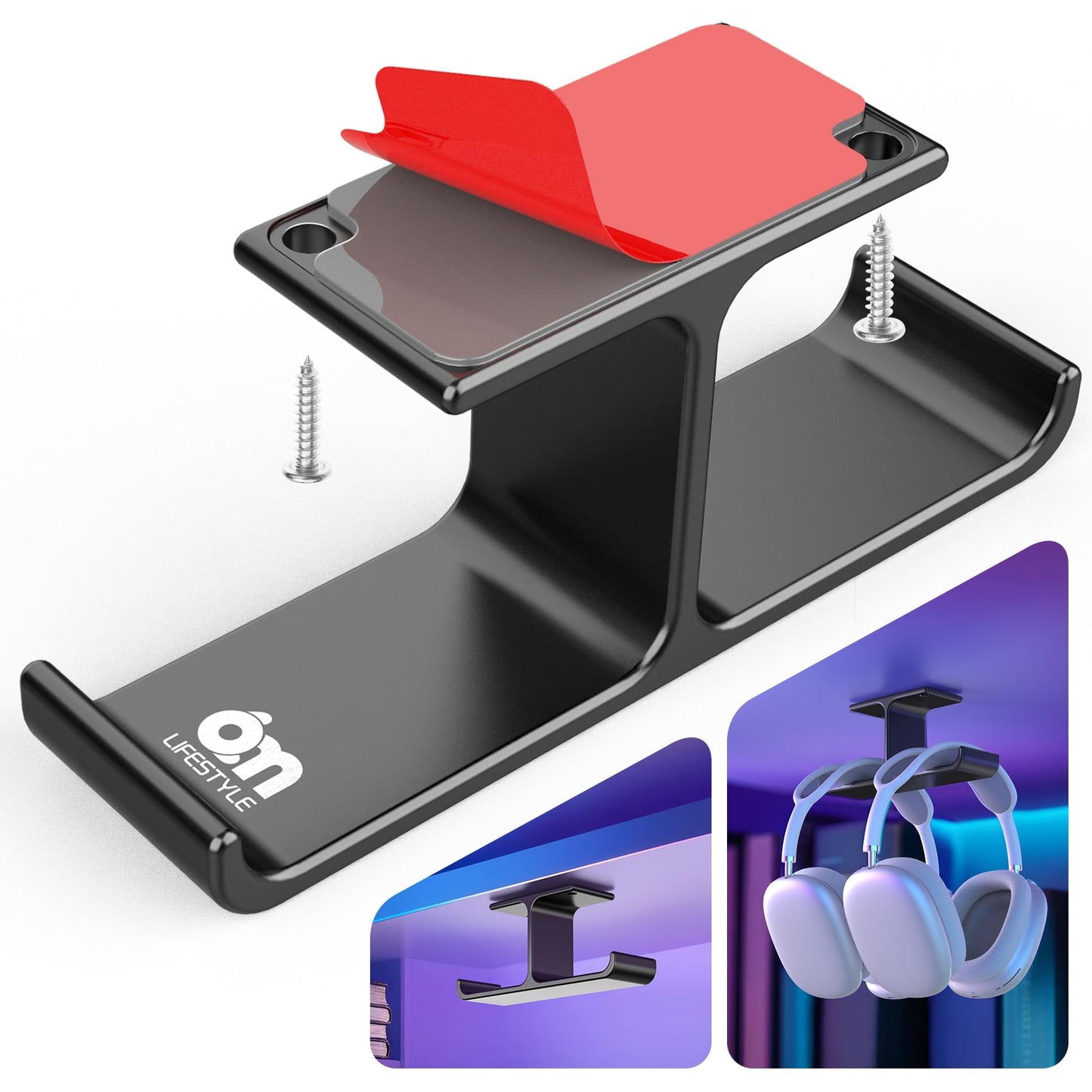 All Aluminum Headphone Stand Under Desk, Dual Headset Holder Hanger with Industrial-Strength Adhesive & Screw Mount, Gaming Desk Accessories, Under Table Earphone Hook for PC Headsets, Bags, Black