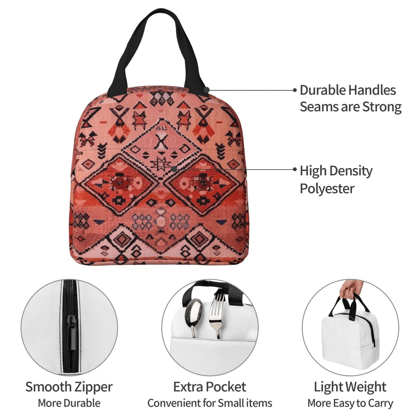 Poacnip Boho Farmhouse Oriental Traditional Moroccan Style Insulated Lunch Bag Portable Reusable Lunch Box Thermal Cooler Tote Bag With Pockets For Women Men Work Office Picnic Travel