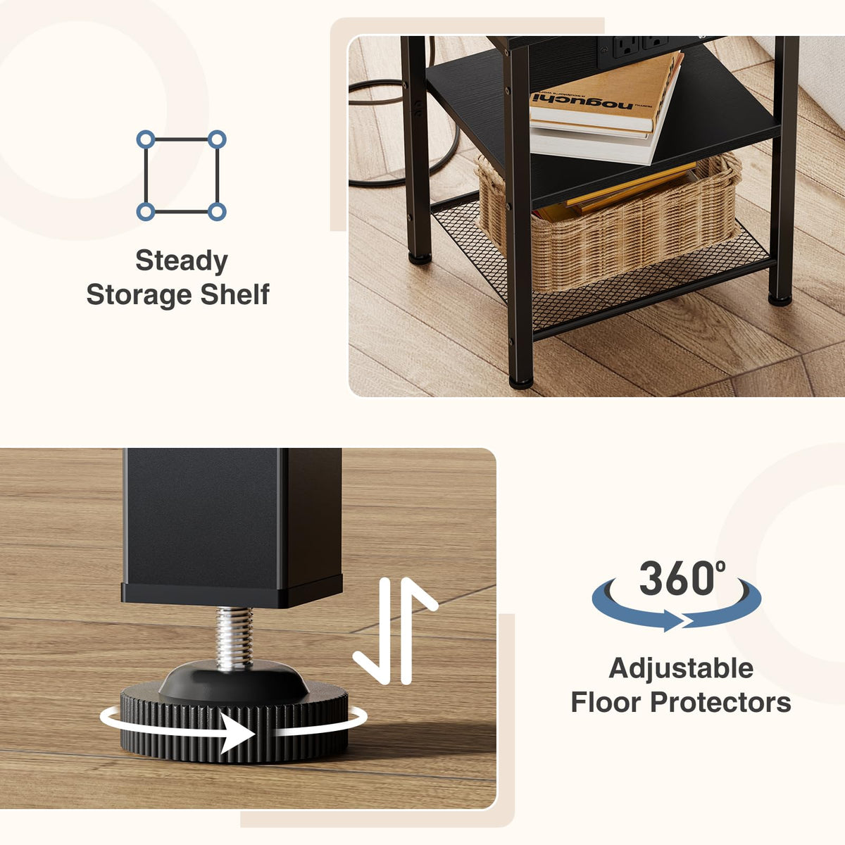 DUMOS 15.7" Small Side Table with Charging Station, End Table with Outlets & USB Ports, 3-Tier Adjustable Storage Nightstand for Living Room, Bedroom, Small Spaces, Record Player Stand, Black
