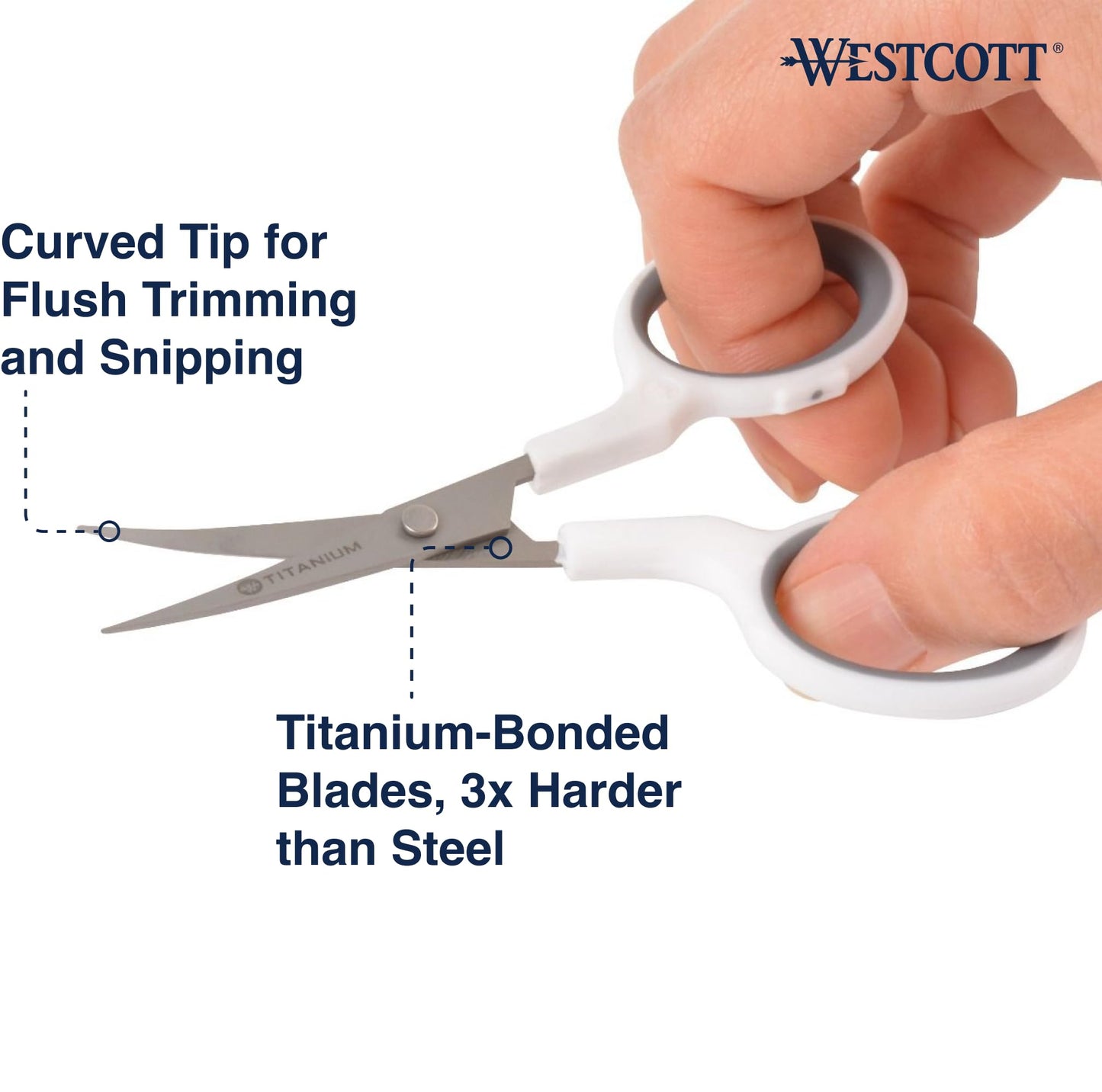 Westcott 4" Embroidery Scissors with Curved Titanium-Bonded Blades for Flush Trimming, Crafting, Sewing & More (White/Gray)