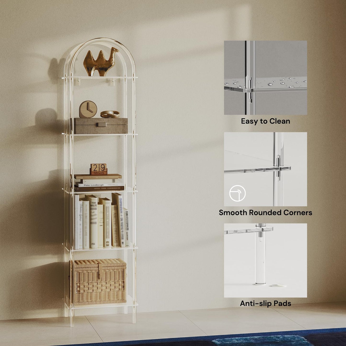 CRTERICX 5-Tier Acrylic Arched Bookcase, Clear Narrow Bookshelf for Small Space, 13.8''W x 11.8''D x 57.1''H, Open Display Book Shelves for Home Office, Living Room, Bedroom, Modern