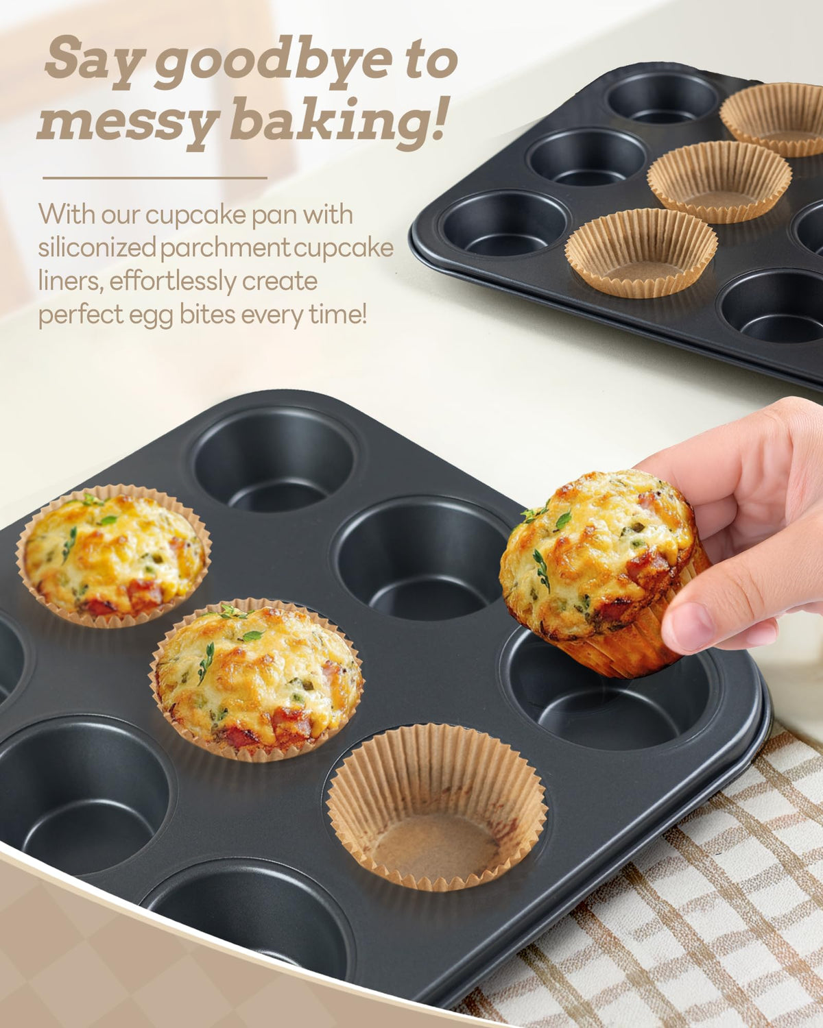 Bake Choice 2 Pack Muffin Pan for Baking, Standard Cupcake Pan includes 100 Natural Cupcake Liners, Muffin Tin Nonstick 12 Cup, Baking Pans Set, Carbon Steel Baking Supplies