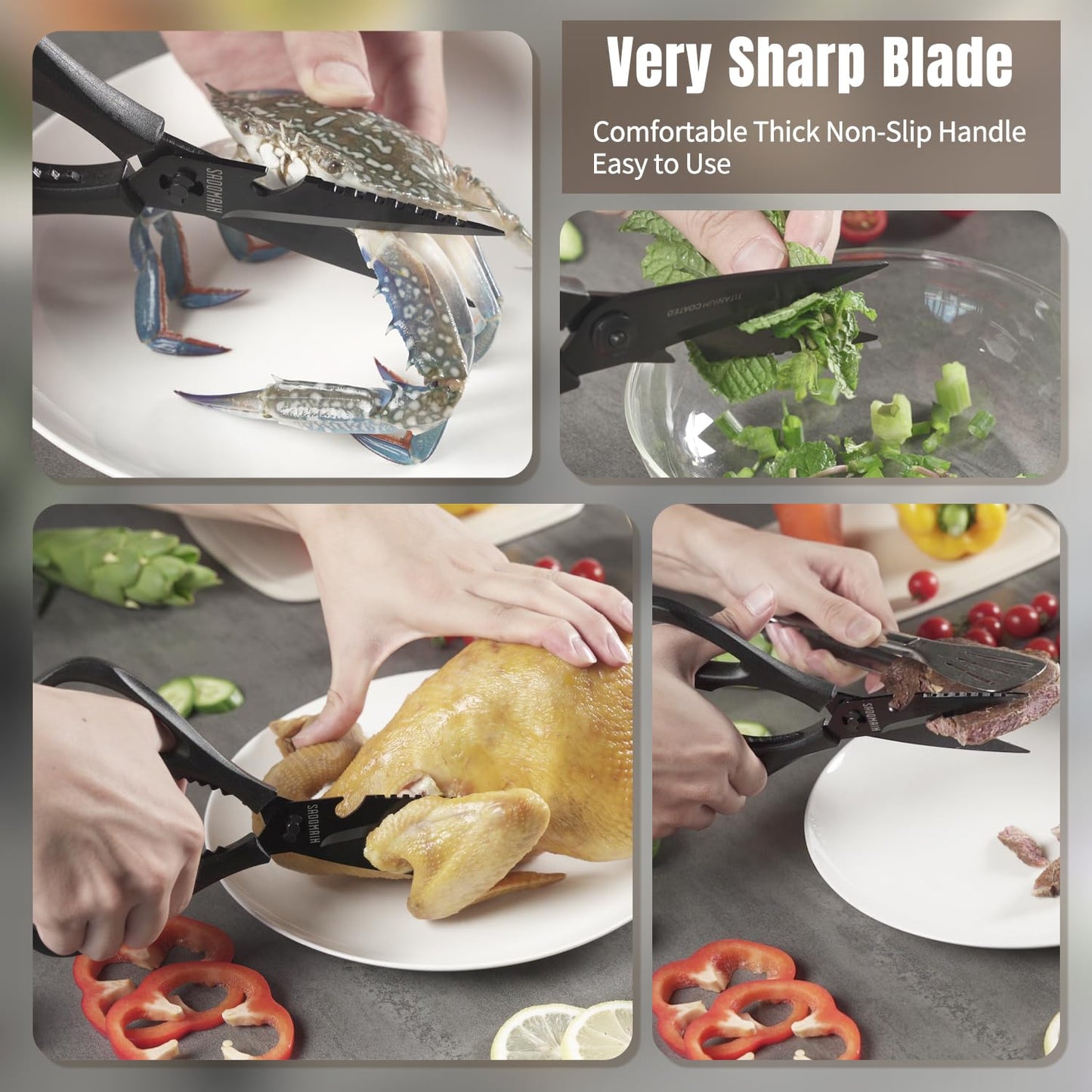 SADOMAIN Kitchen Scissors All Purpose, Extra Sharp Kitchen Shears with Knife Sharpener & Sheath, Solid & Durable Stainless Steel Scissors with ANTI-RUST Black Titanium Plated, Dishwasher Safe - Black