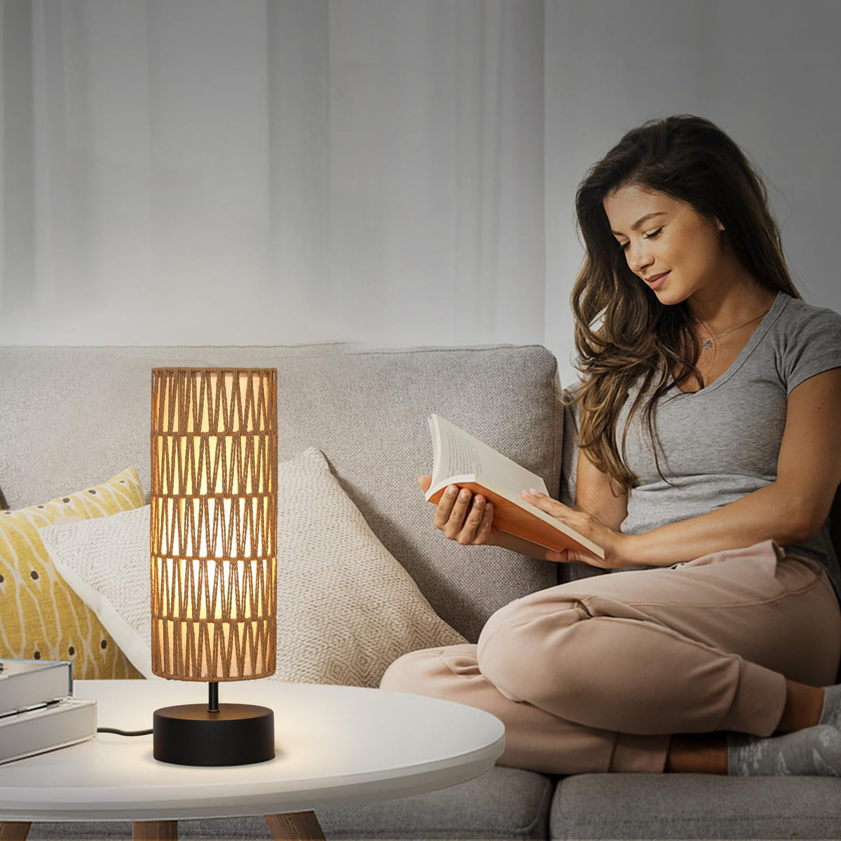 Rattan Table Lamp, Touch Control Bedside Table Lamp with Black Base, 3 Way Dimmable Nightstand Lamp with Dual-layer Shade, Boho Night Light for Bedroom Living Room Home Office, 9W LED Bulb Included