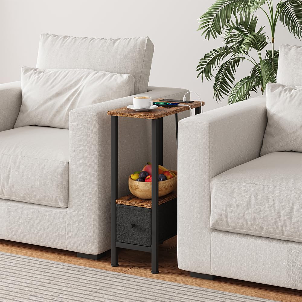 VIMBER Narrow Side Table for Small Spaces, Skinny End Table with Charging Station, Sofa Beside Table with 1 Drawer 1 Open Compartment, Slim Nightstand with USB Ports Outlet, Rustic and Brown