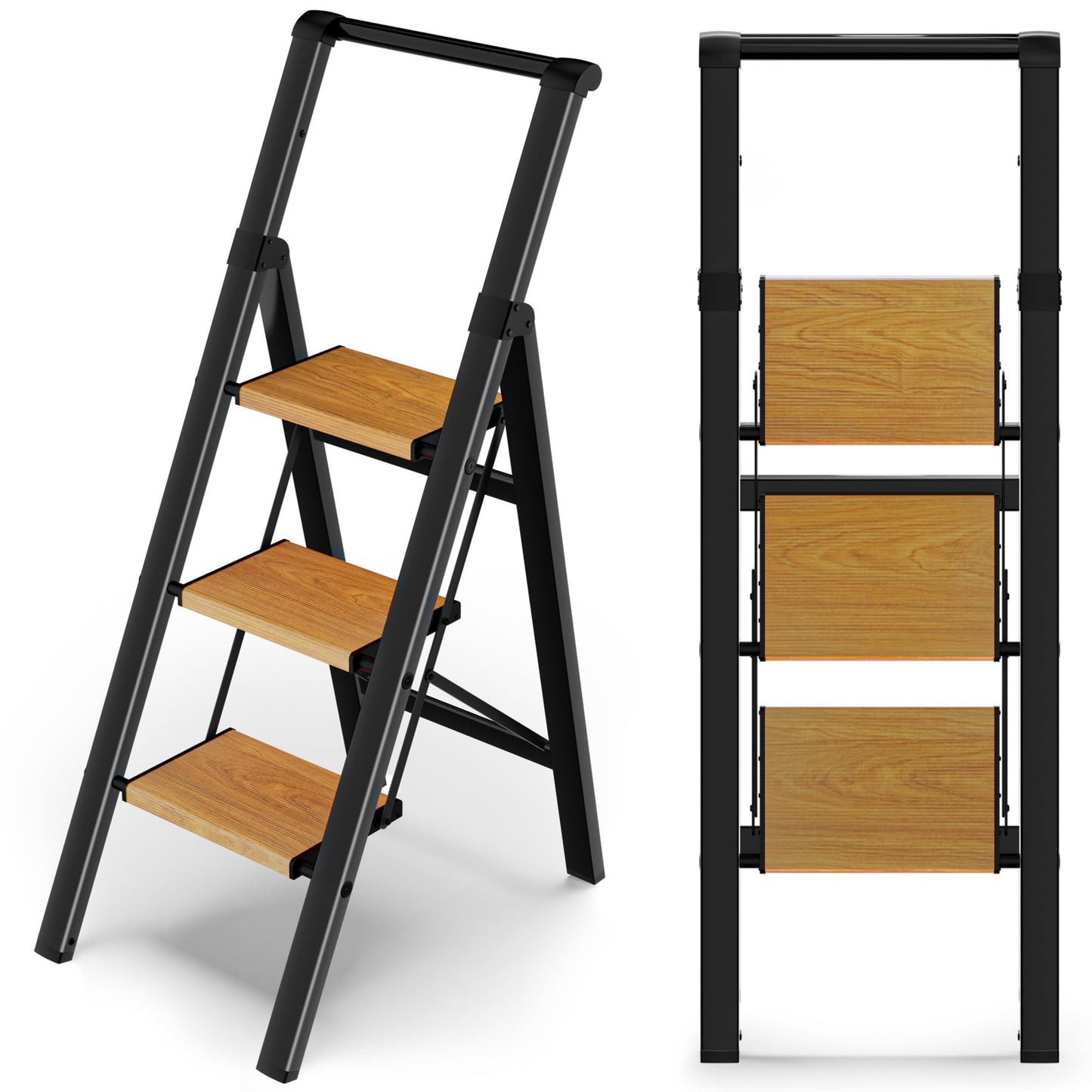 3 Step Ladder Folding Step Stool with Handle, Kitchen Step Stool for Adults, Aluminum Ladders for Home