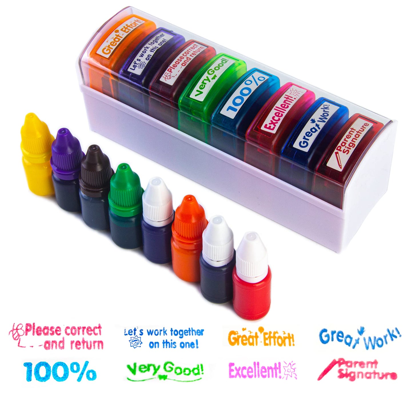 8PCS Self Inking Teacher Stamps Set in 8 Colors with Different Rewarding Comments, Teacher Stamps with Tray, Teacher Supplies for Homework Grading School Classroom Supplies