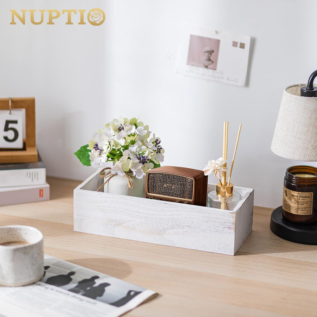 NUPTIO Wooden Box Centerpiece for Table: 2 Pcs 11.8" Long Wood Rectangle Planter Boxes - Farmhouse Washed White Planters for Fall Wedding Dining Living Room Window Mantel Table Decor