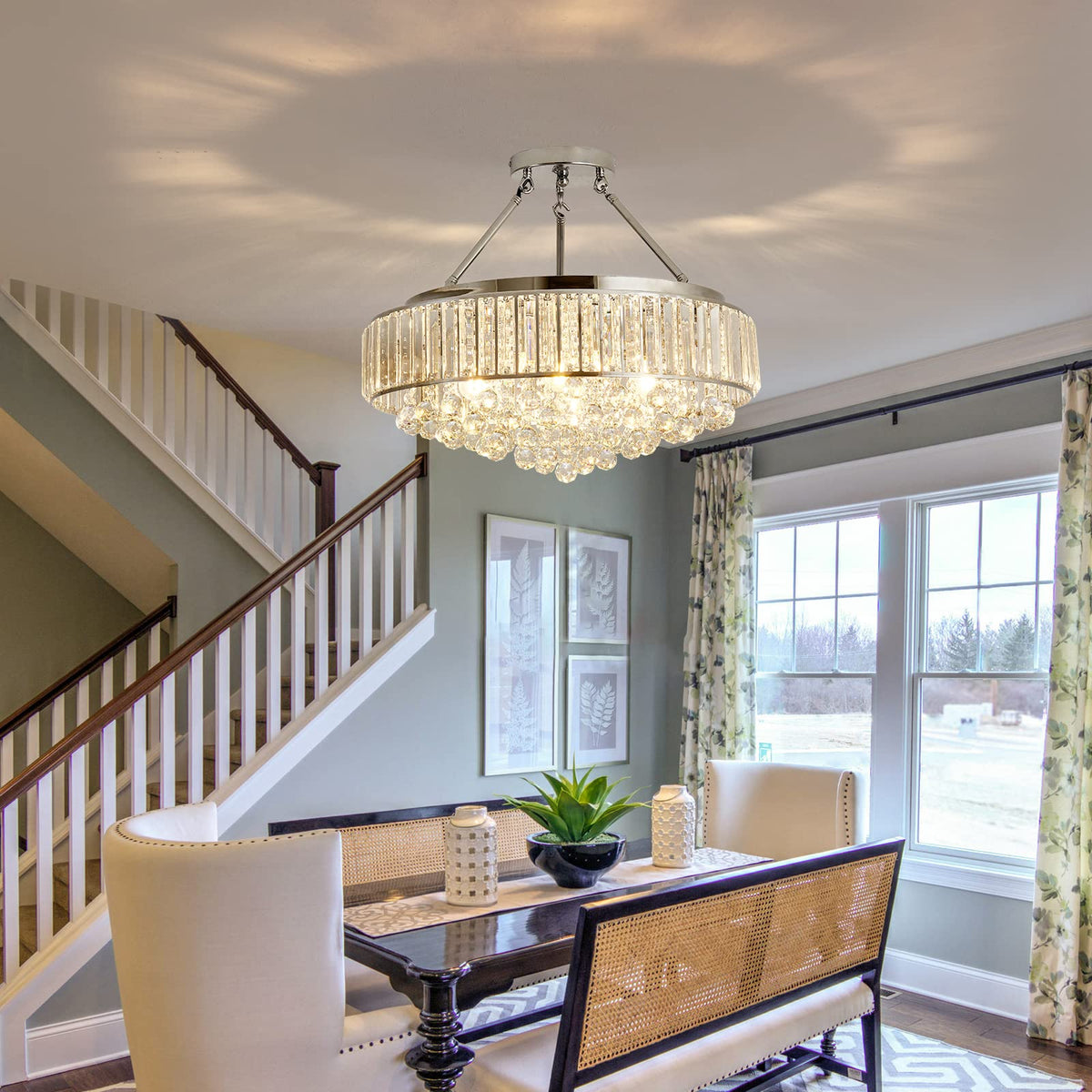 YYJLX 6 Light Modern Large Round Crystal Chandelier Chrome Semi Flush Mount Ceiling Light Fixtures E26 Ceiling Lamp for Dining Room Living Room Laundry Room Foyer Kitchen Balcony Bedroom(Silver).