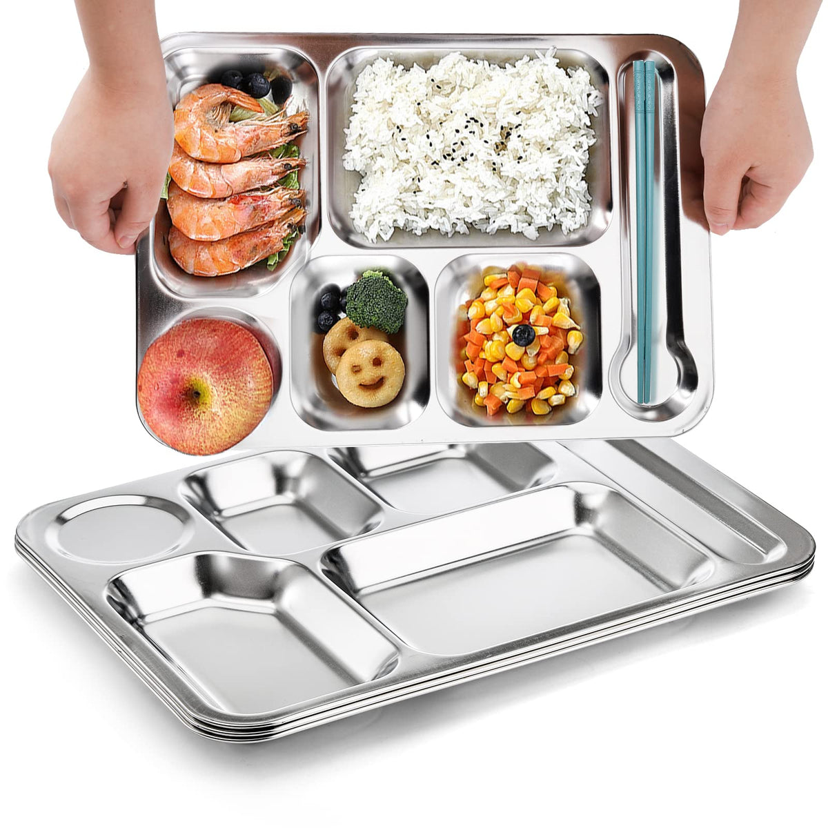 Fasmov 4 Pack Stainless Steel Rectangular Divided Dinner Tray, 6 Sections Stainless steel Metal Plate for Adults, Picky Eaters, Campers, and Portion Control
