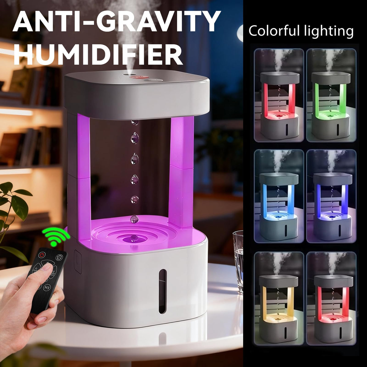Anti-Gravity Humidifier, Levitating Water Fountain with 7-Color Mood Light, 3-in-1 Tabletop Fountain & Mini Humidifier for Home Office Bedroom, Novelty Gift