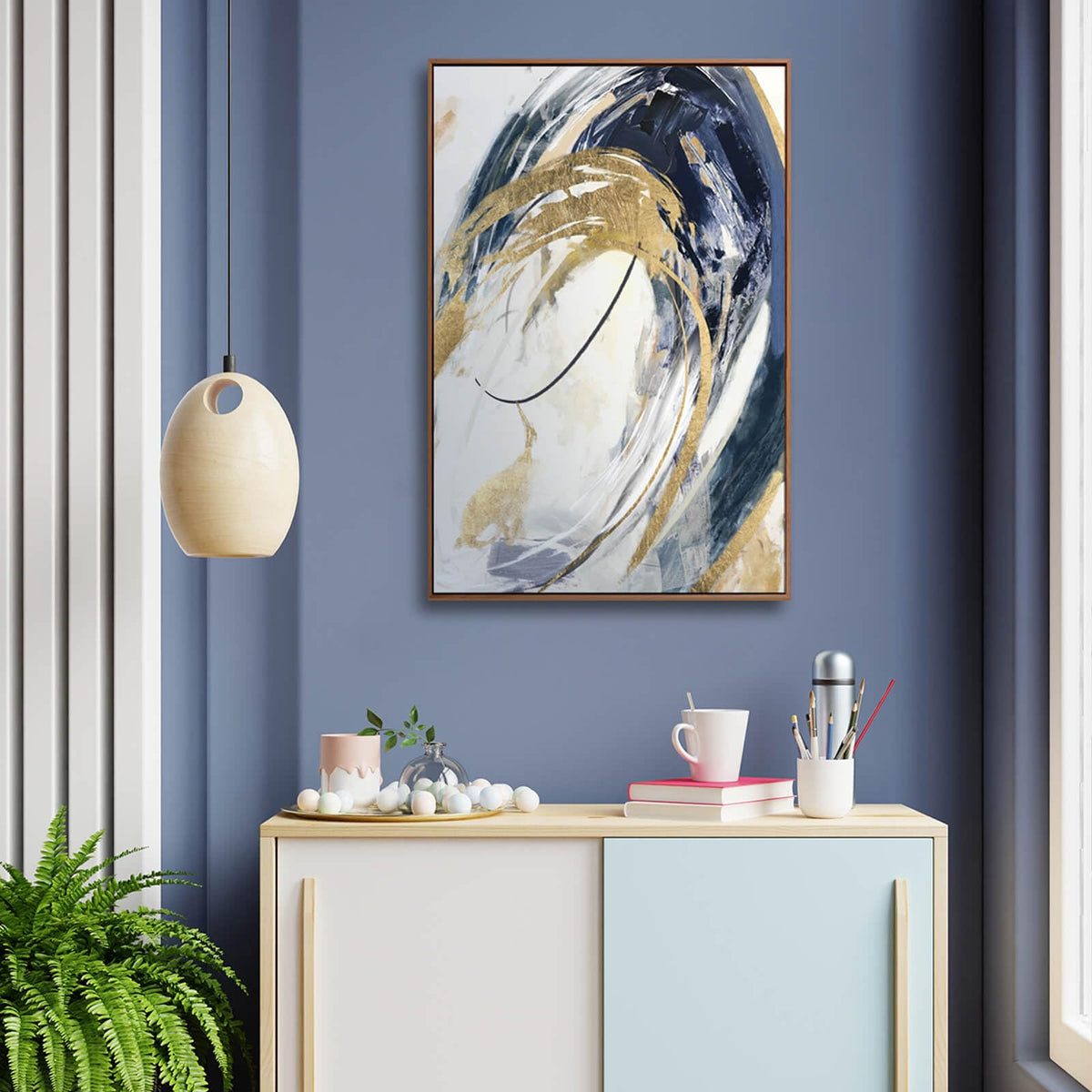 SDYA Gold Wall Decor Living Room Abstract Wall Art Blue Paintings Bedroom Aesthetic Frame Wall Decorations Large Artwork for Home Office 24x36 Inch