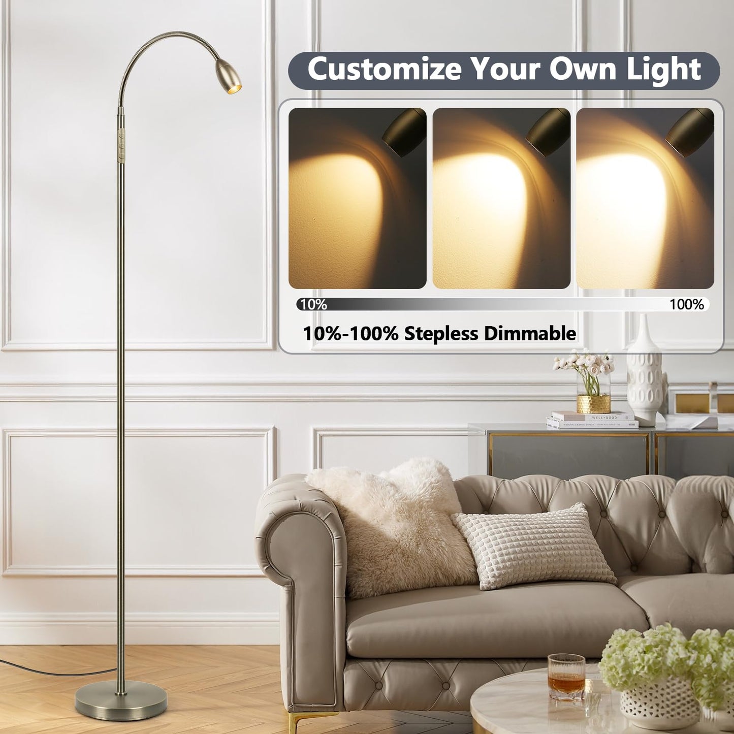 Reading Floor Lamp, 72" Tall LED Lamp with Flexible Gooseneck, Dimmable Zoomable Spotlight, Adjustable Color Beam Standing Lamp, Touch & Remote Control, Task Craft Bedroom Living Room (Bronze)