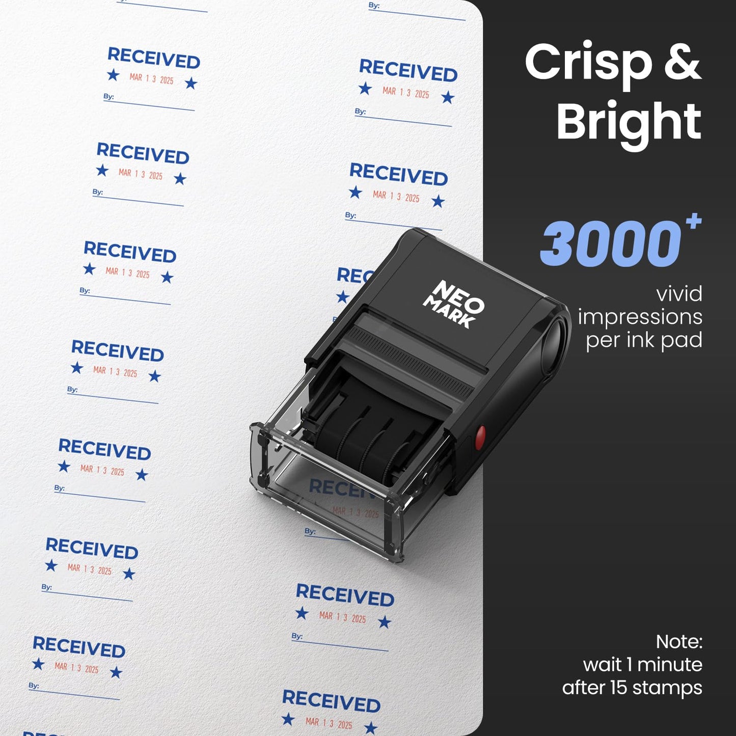 NEO MARK Large Self-Inking Date Office Stamp with Received Blue Ink & Date Red Ink, 12-Year Adjustable Rubber Dater, Ideal for Documents, Business & Accounting - with an Extra Refill Ink Pad