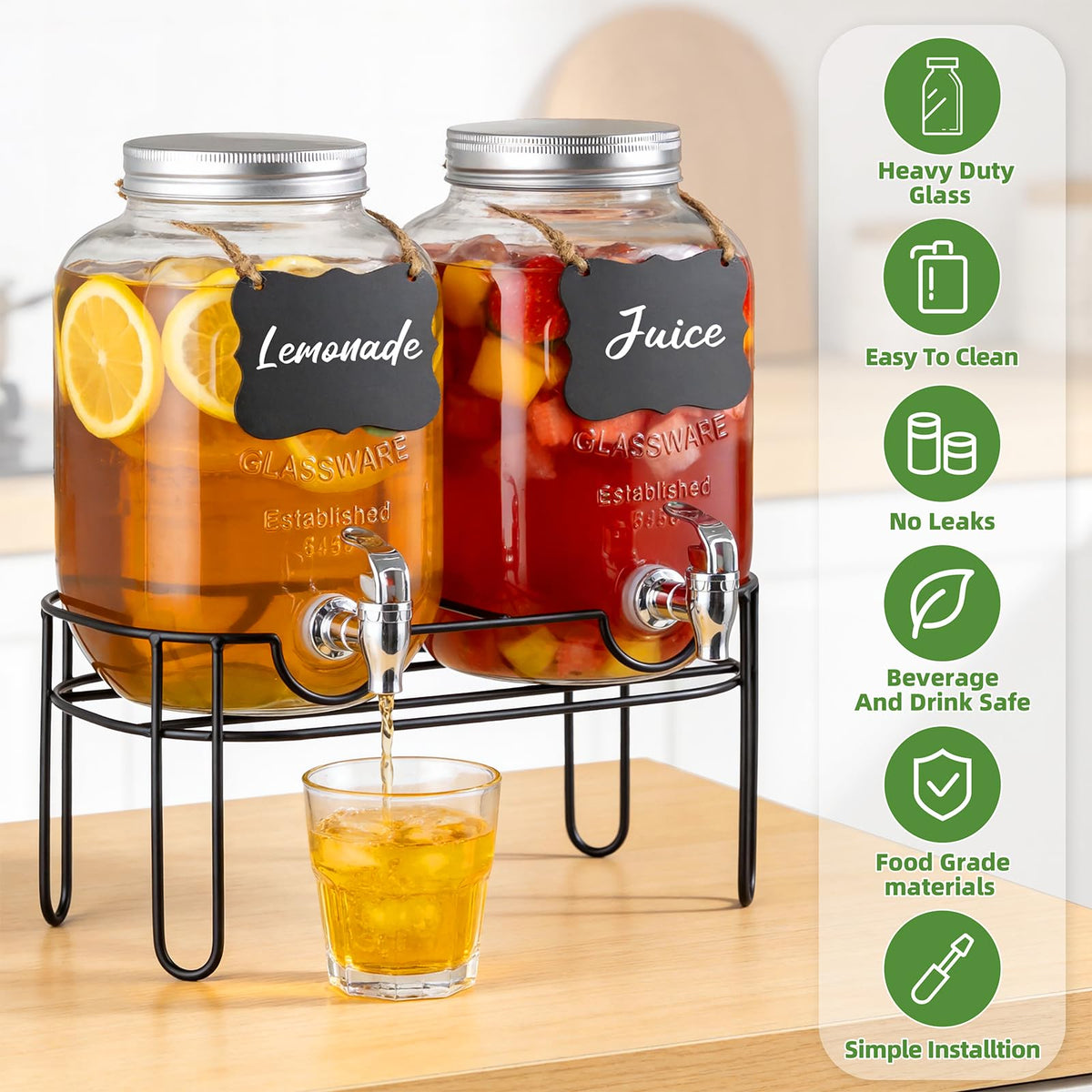 1 Gallon Glass Drink Dispensers For Parties, 2 Pack Beverage Dispenser，Lemonade Dispenser With Fruit Infuser And Stand For BBQ, Picnic, Party,Sun Tea