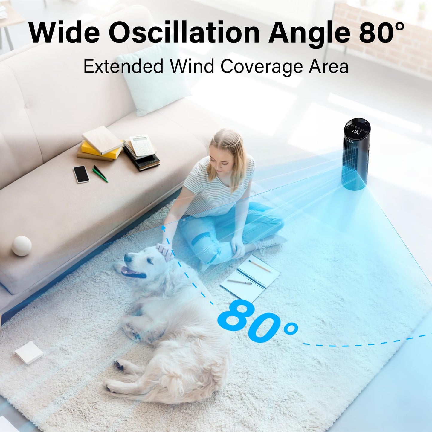 JRD 13'' Tower Fan for Bedroom, Quiet Cooling Desk Fan with Remote, 80° Oscillating, 3 Speed, 4 Mode, 12h Timer, Digital Touch Screen, Portable, Safe Bladeless Table Fan for Home Desktop Office