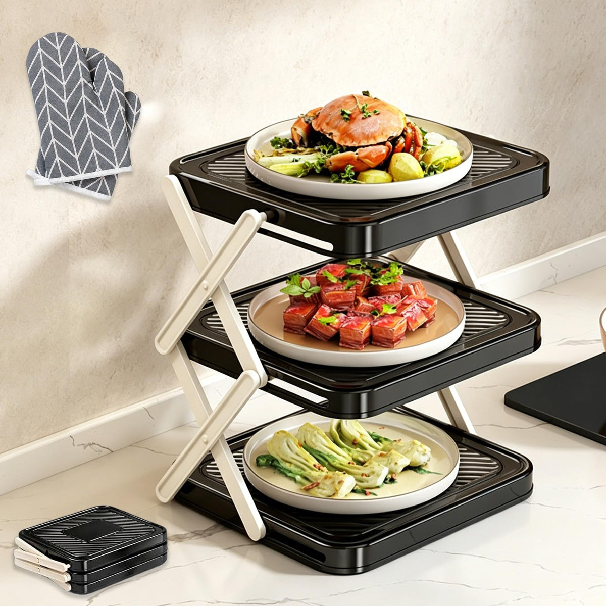 DFKSVCA Multi-Layer Dish & Prep Tray Storage Rack, Foldable 3-Tier Dish Rack with Removable Layers and Utensil Drying Holder, Compact Dish Organizer for Kitchen Counter, Parties and Picnics (Black)