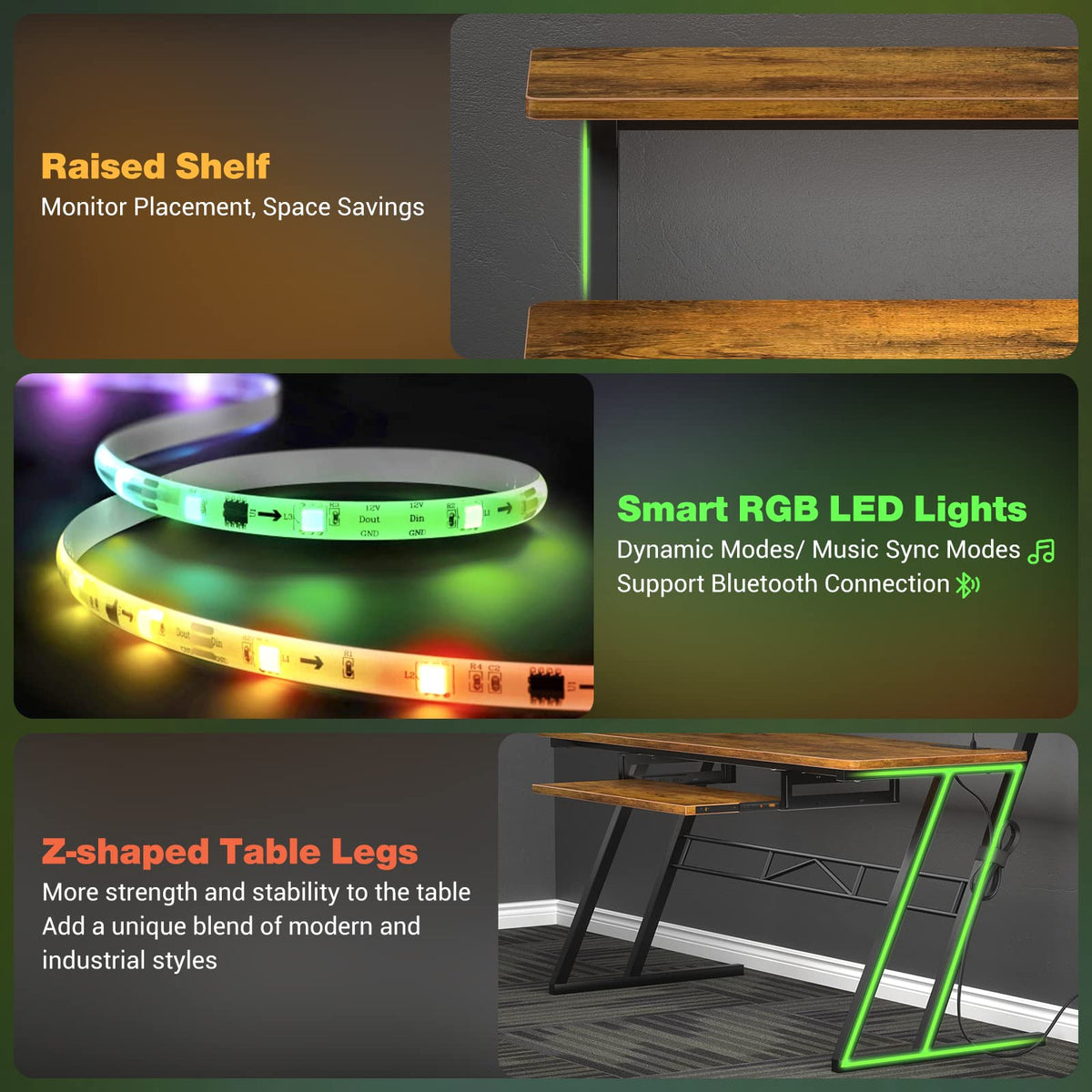 Armocity Music Studio Desk, Music Production Workstation with Power Outlets and RGB LED Lights, Recording Studio Table Desks Music Producer for Home, Rustic Brown
