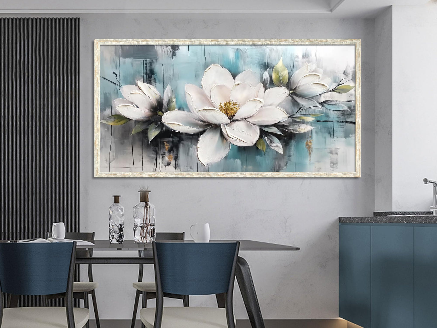 Ardemy Magnolia Wall Art Framed Canvas Wall Decor Living Room, White Floral Picture Wall Decor Teal Painting Flower Textured Extra Large Artwork for Bedroom Dining Room Home Office 58"x29"