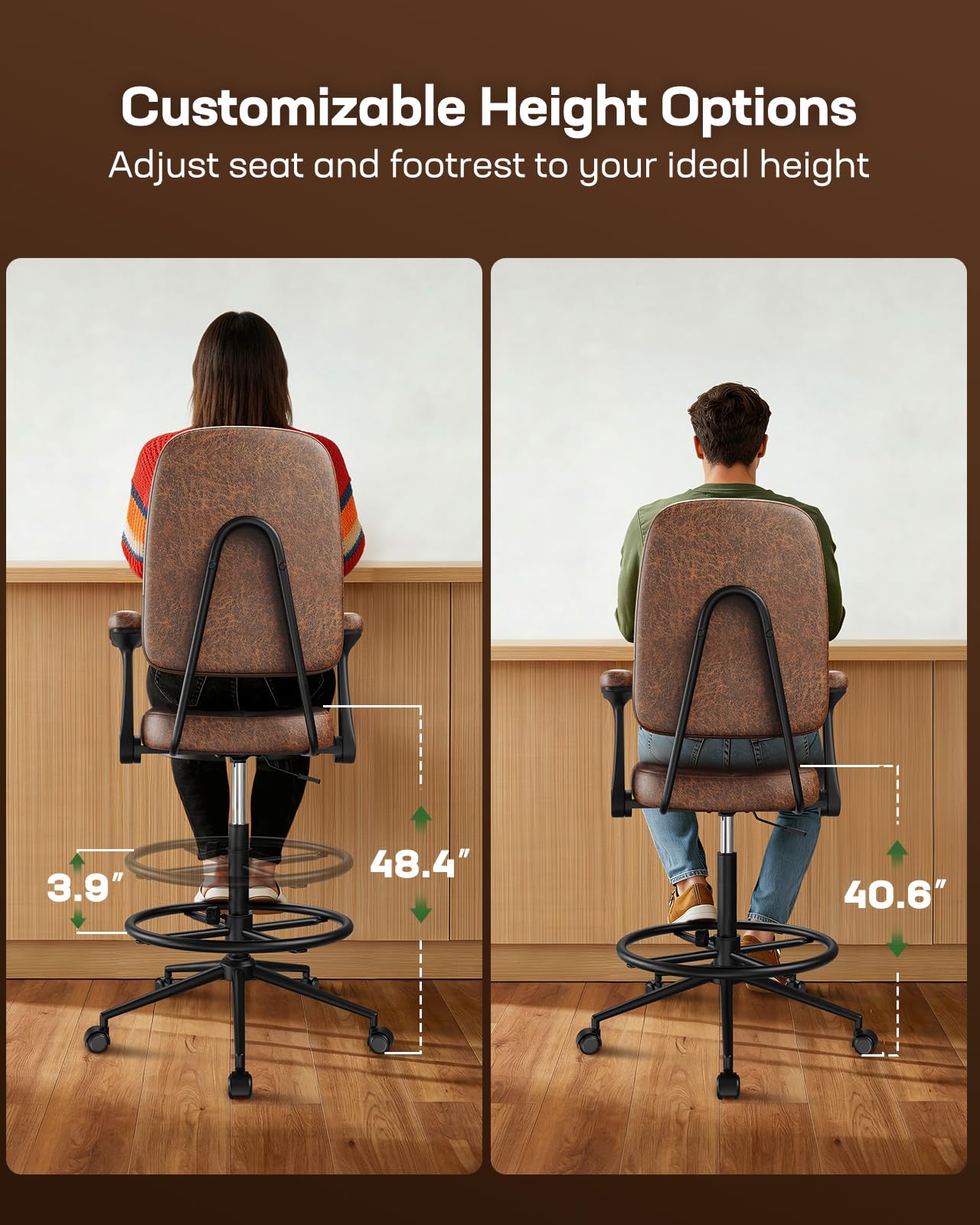 Marsail Drafting Chair with Flip-Up Armrests and Footrest, Ergonomic Tall Office Chair, Height Adjustable High Chair, Brown Leather Seat with Thick Cushion, 360° Swivel, for Standing Desk, Home Office