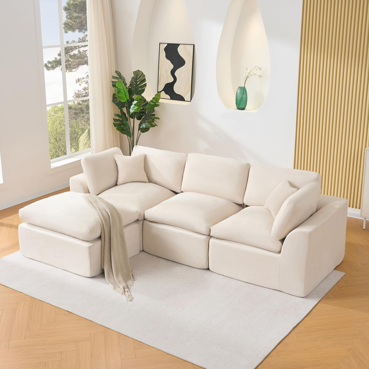 Garvee Modular Sectional Sofa, 110'' Sponge Compression Sofas with Deep Seat, Sectional Couches for Living Room and Bedroom, No Assembly Required, White