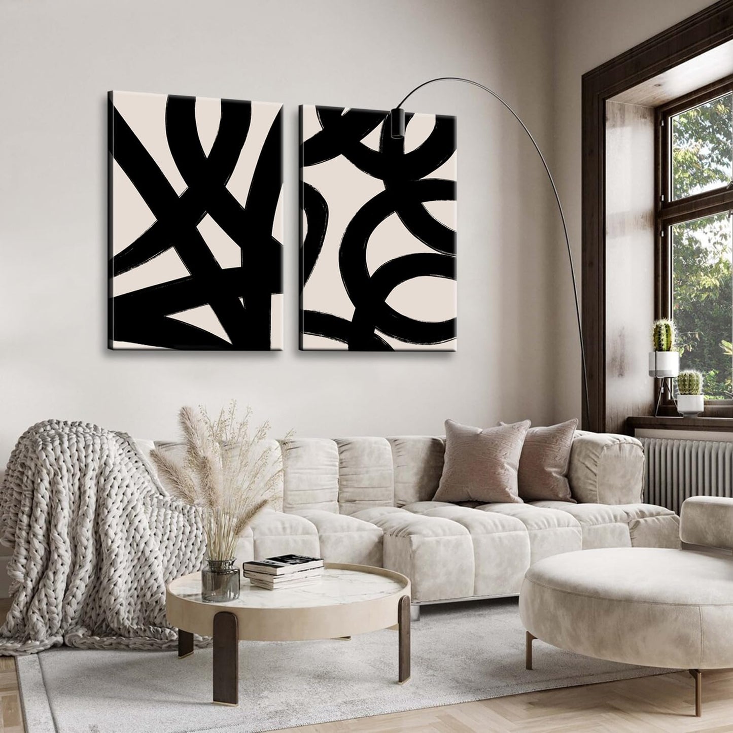 Framed Abstract Wall Art Canvas Set Lines Pictures Modern Mid Century Boho Wall Decor Minimalist Abstract Black Stroke Lines Canvas Painting Artwork Living Room Bedroom Home Office 12"x16"x2