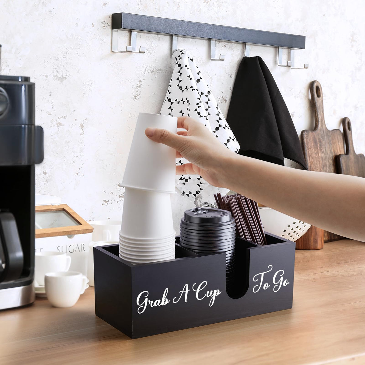ALELION Coffee Cup Holder for Countertop - Wood Coffee Bar Accessories and Organizer - Coffe Station Organizer for Cup Lid Stirrers Pod
