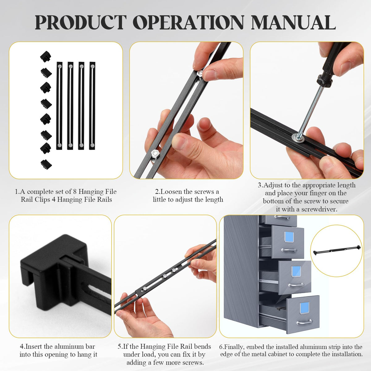 Humyoun 12 Pcs Metal Adjustable File Cabinet Rails Set Include 8 Hanging File Rail Clips 4 Cabinet Dividers Bars Suitable for Cabinets with Drawer Thickness Less Than 1/8 Inch(Black,10-18 Inch)