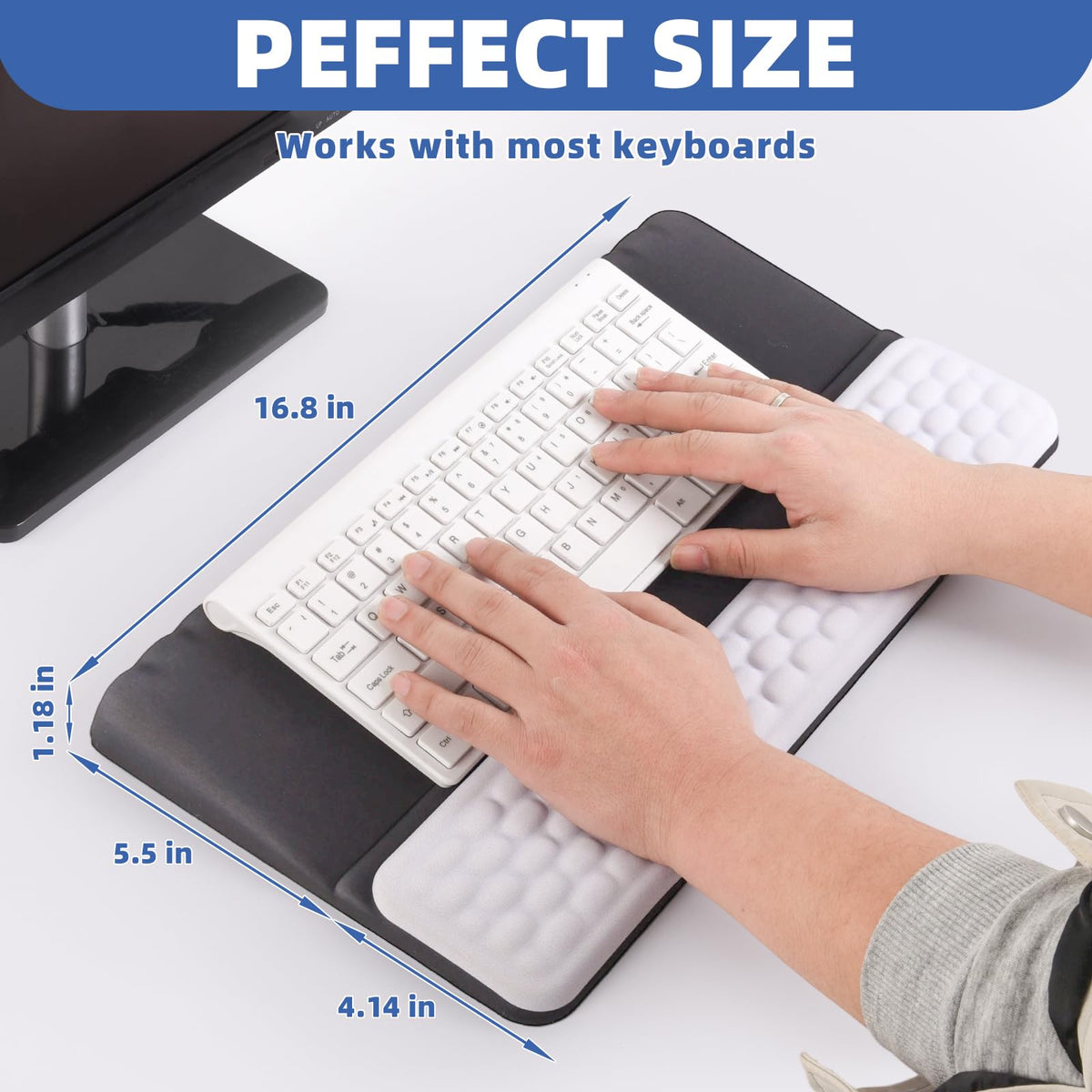 Keyboard Stand with Wrist Rest，Ergonomic Wrist Pad Memory Foam Keyboard Riser Holder Tray with Non-Slip Base, Pain Relief for Work Study Game (Black and White)
