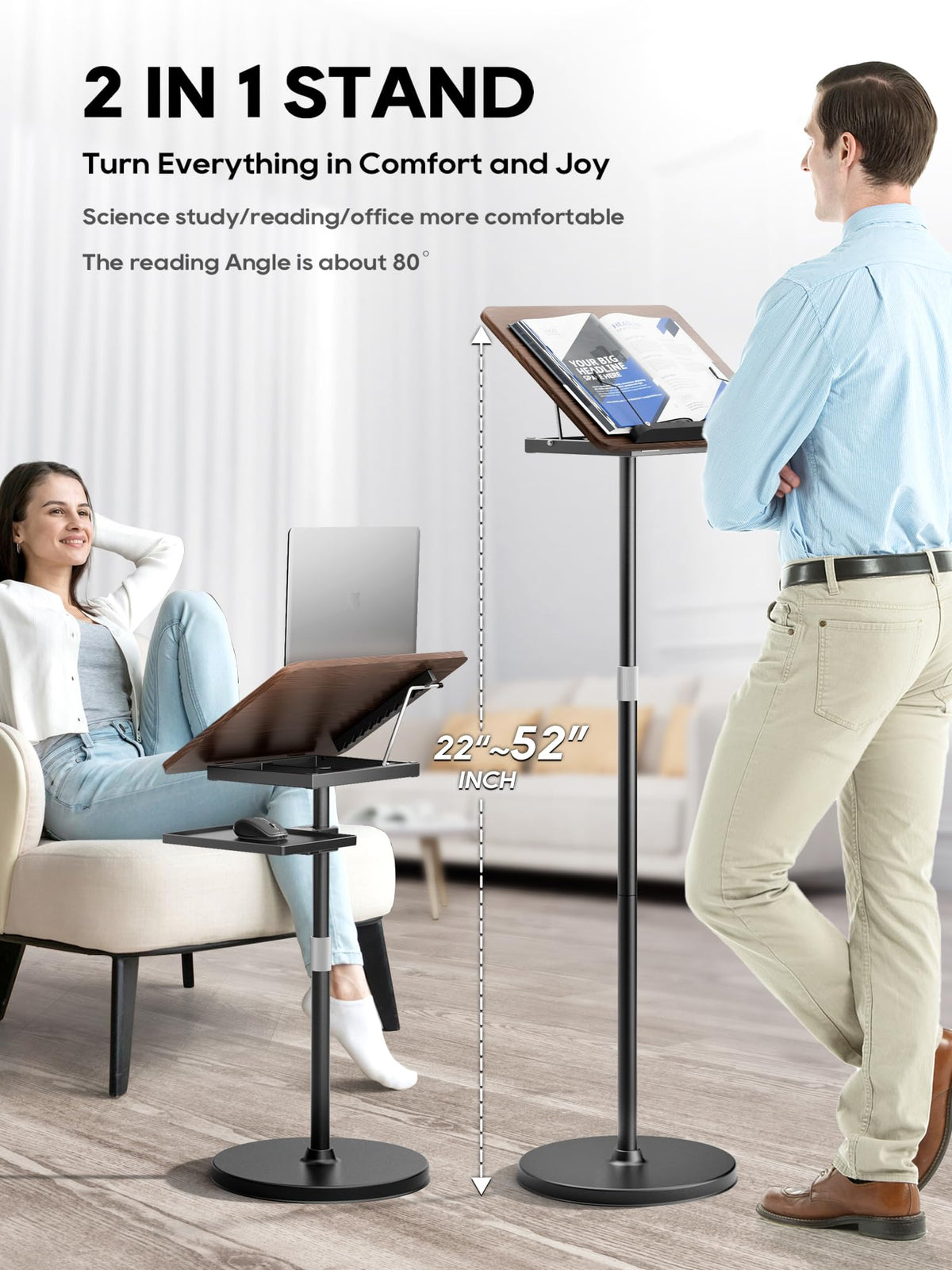 2 in 1 Adjustable Book Stand - Dual-Use Floor and Desktop Book Holder Stand, Height Adjustable 23.5-52 in, Elastic Page Clips for Music Sheet, Recipe, Tablet, Laptop-Black