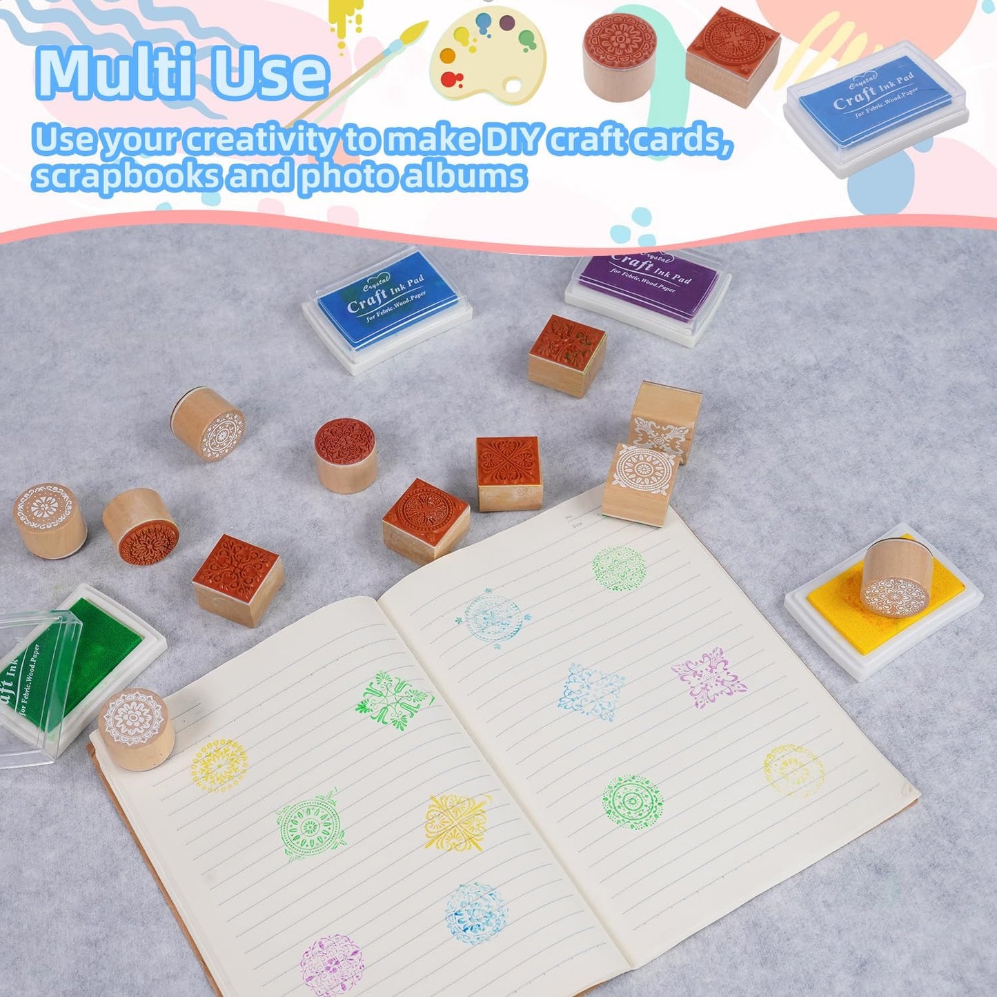 16Pcs Rubber Stamps and Craft Ink Pads, Decorative Wooden Stamps with Ink Pads for Stamps, Wood Stamps for Crafting, Letters, Scrapbooking and DIY Craft Card