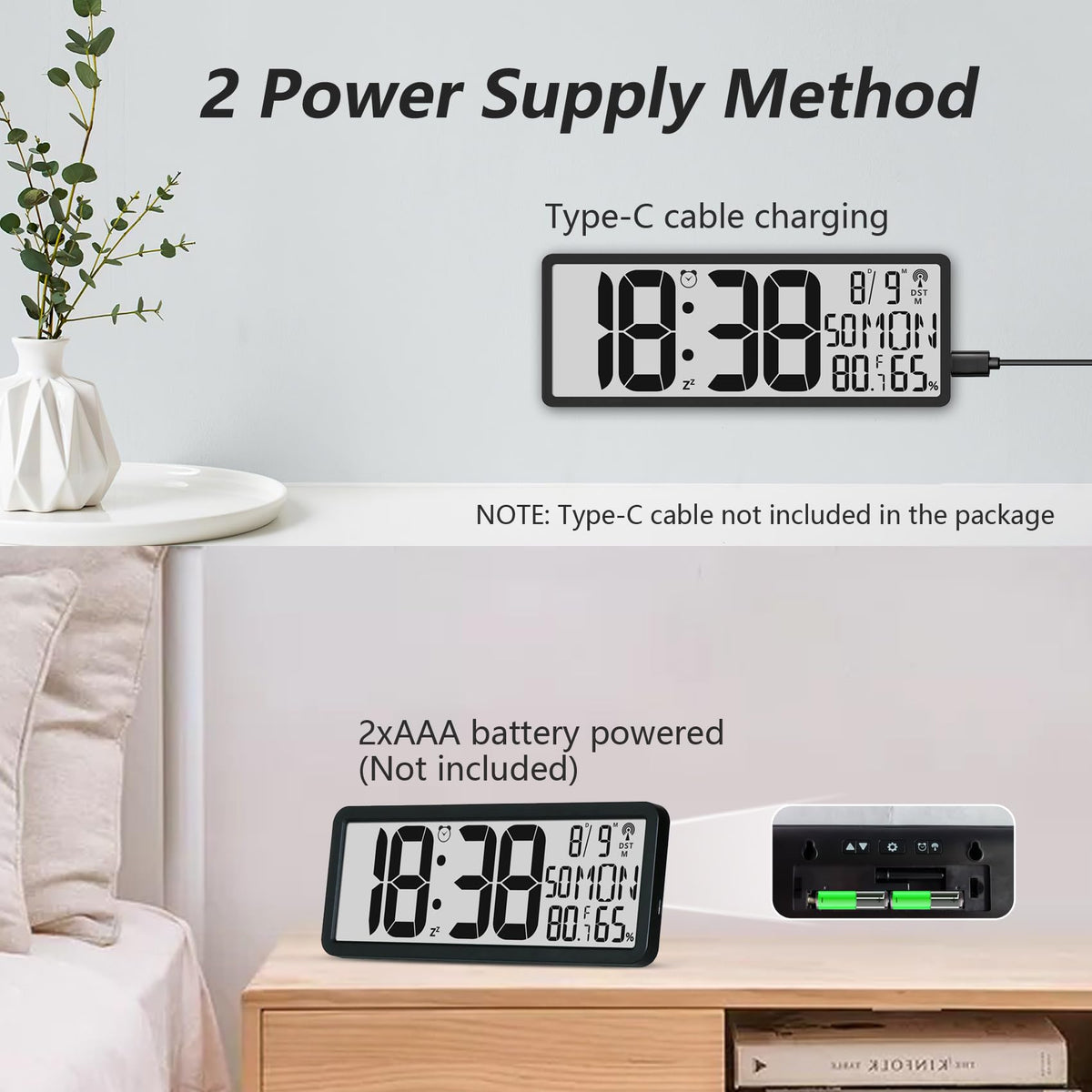 Digital LCD Atomic Desktop Clock, 7.8" Screen with Time, Date, Temperature, Humidity, Alarm, Snooze, DST, Time Zone for Home, Office (No Backlight)