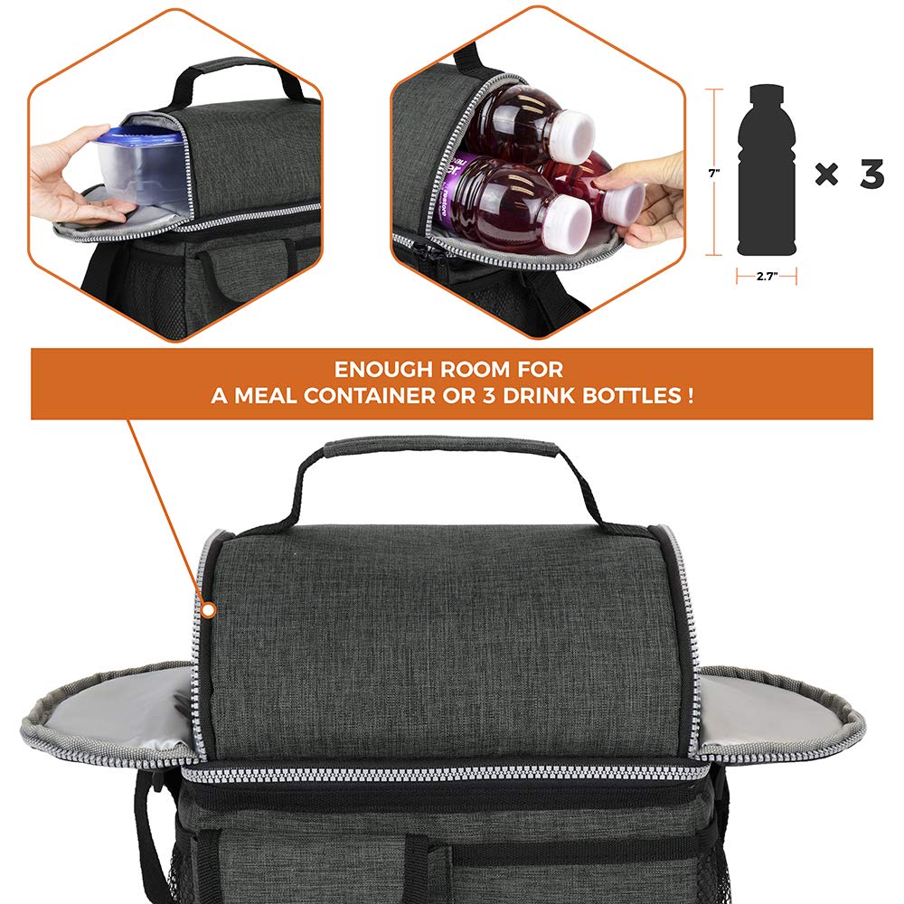 opux Insulated Lunch Bag Women Men, Dual Compartment Leakproof Lunch Box Adults Kids, Double Decker Meal Prep Bento Lunch Cooler Tote with Shoulder Strap for Work Office School Travel, Dark Gray