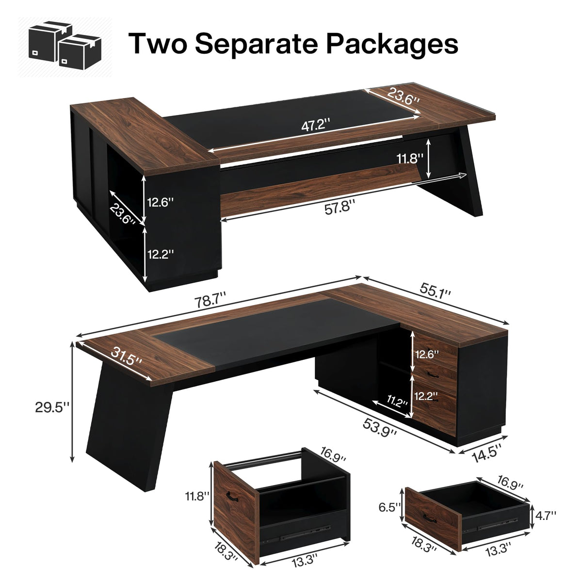 Tribesigns L-Shaped Executive Desk, 78-Inch Large Office Desk with Drawers and Lateral File Cabinet, Modern Business Furniture with Storage Shelves, Workstation for Home Office (Walnut + Black)