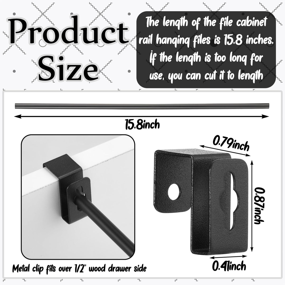 Trandraft 4 Set 12 Pcs Black Metal Hanging File Bracket Clips 8 Hanging Rail Clip 4 File Cabinet Rails Fits 1/2 Drawer Side Document Folder Frame Document Hangers for Cabinets Storage