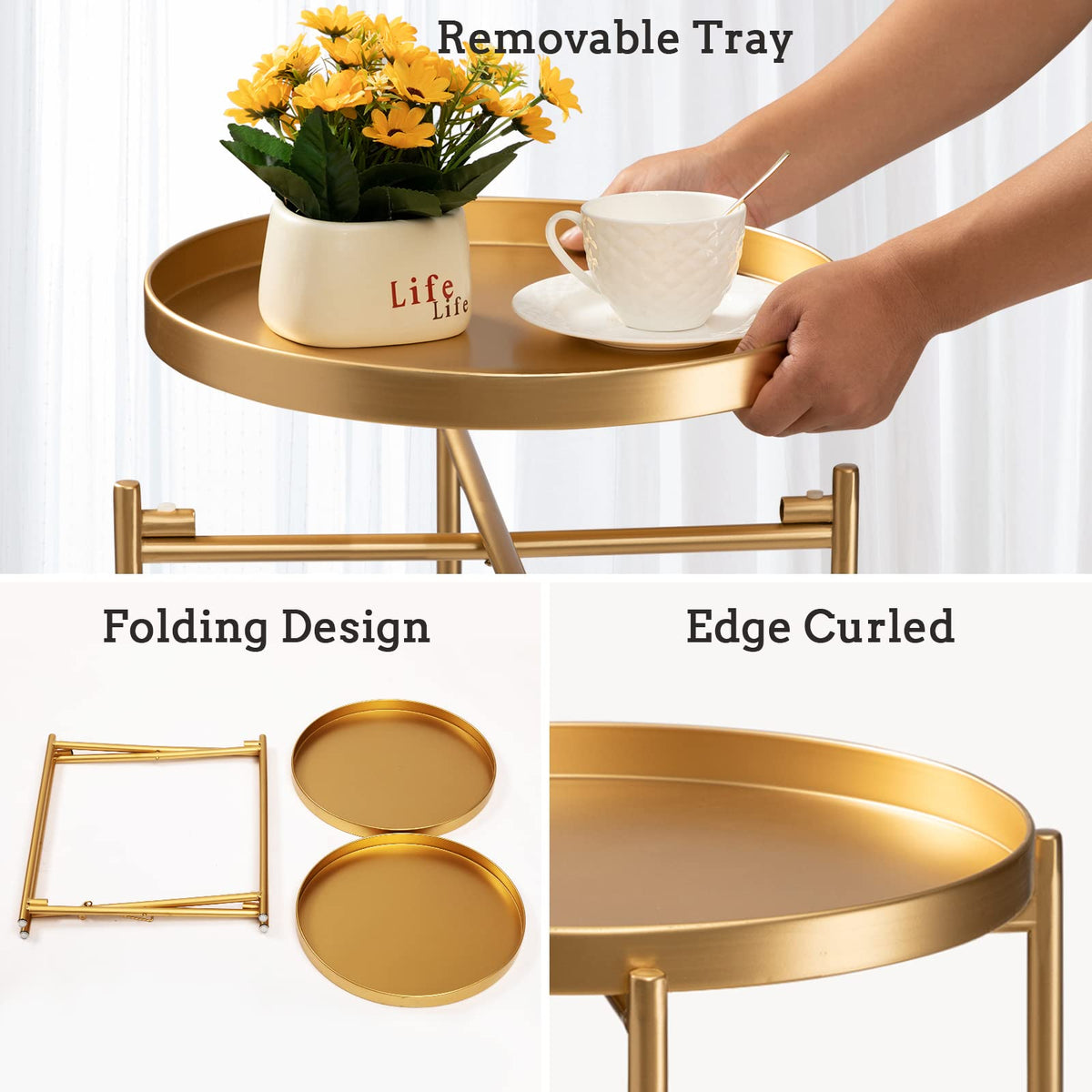TeoKJ 2 Tier Gold Side Table, Folding Round Metal End Table Small Nightstand with Two Removable Tray for Bedroom Living Room Small Spaces Bedside Gold