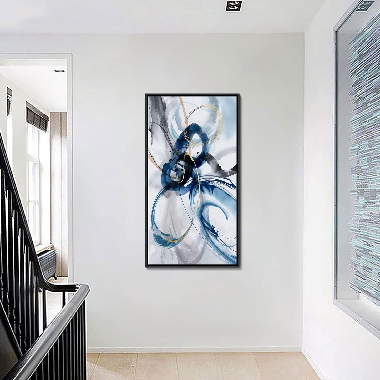 KLAKLA Large Wall Art for Living Room - Abstract Wall Decor Framed Picture Artwork for Wall Decorative Paintings Blue and White Modern Office Bedroom Art