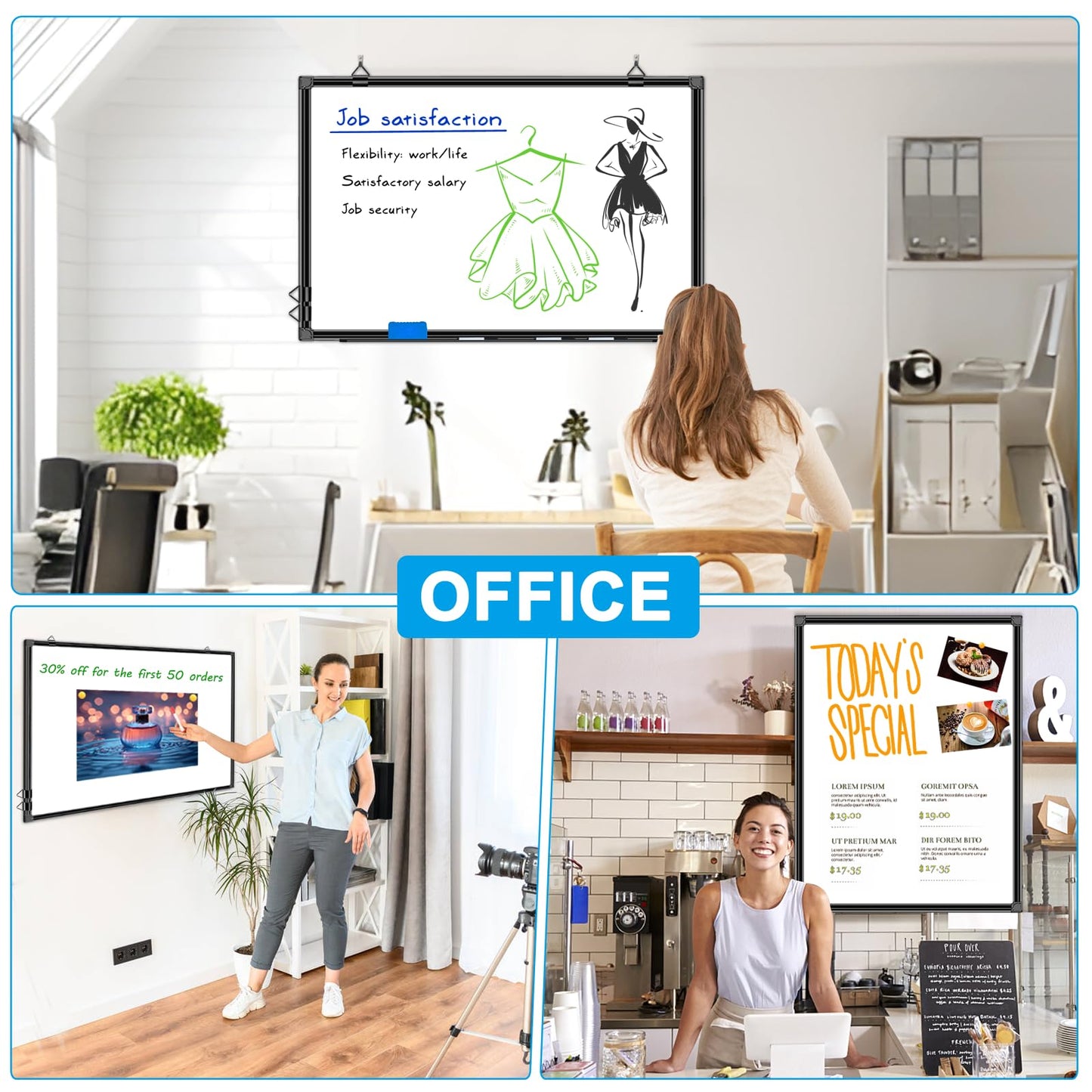 H-Qprobd 36"x24" White Board for Wall Double-Sided Magnetic Dry Erase Board with Black Aluminum Frame, Presentation Whiteboard Suitable for Home, Office, Classroom & Kitchen
