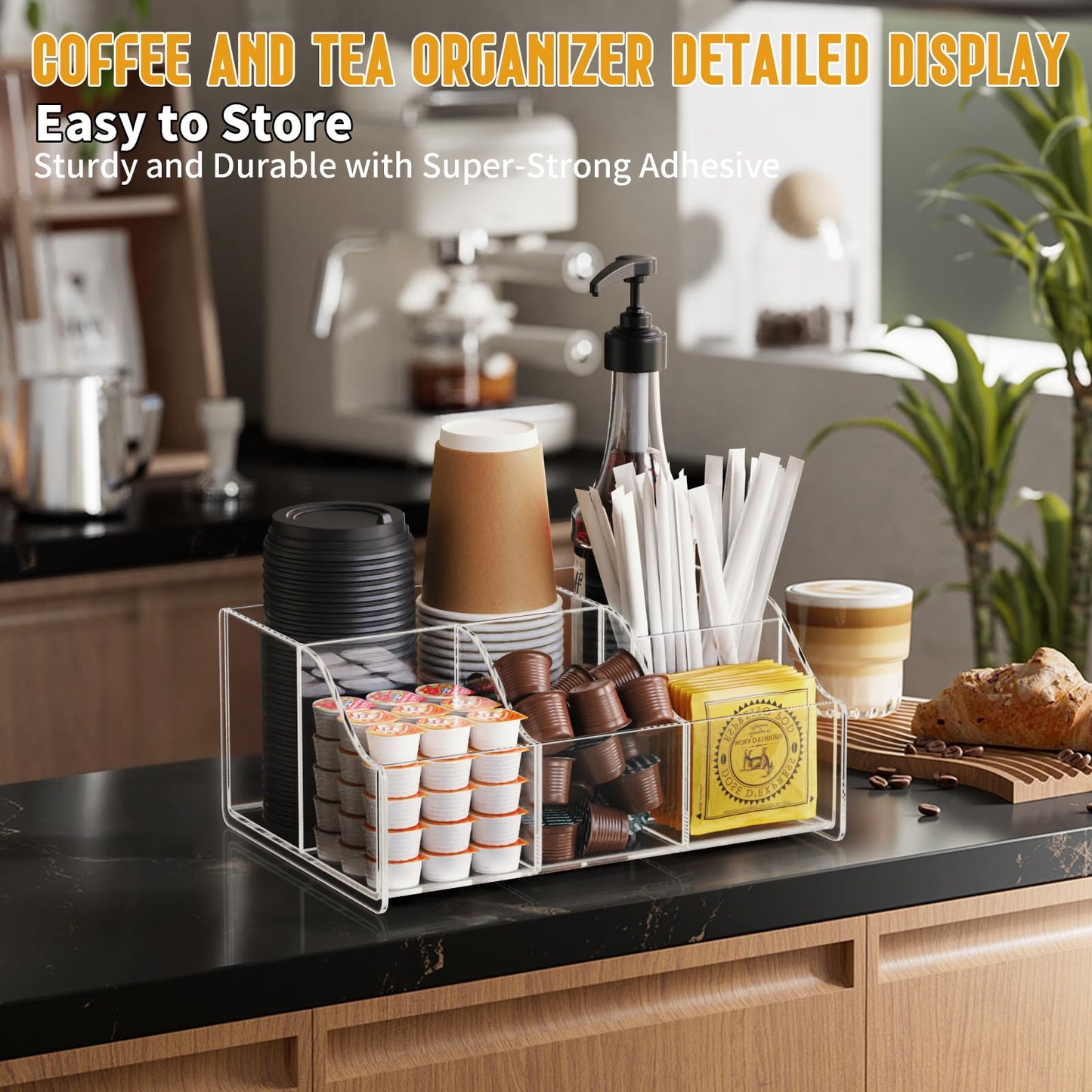 Upitry Acrylic Coffee Bar Organizer Station - Multiple Compartments - Kitchen Bar Tools Storage Rack - Beverage Station Organizer for Coffee Creamer Syrup