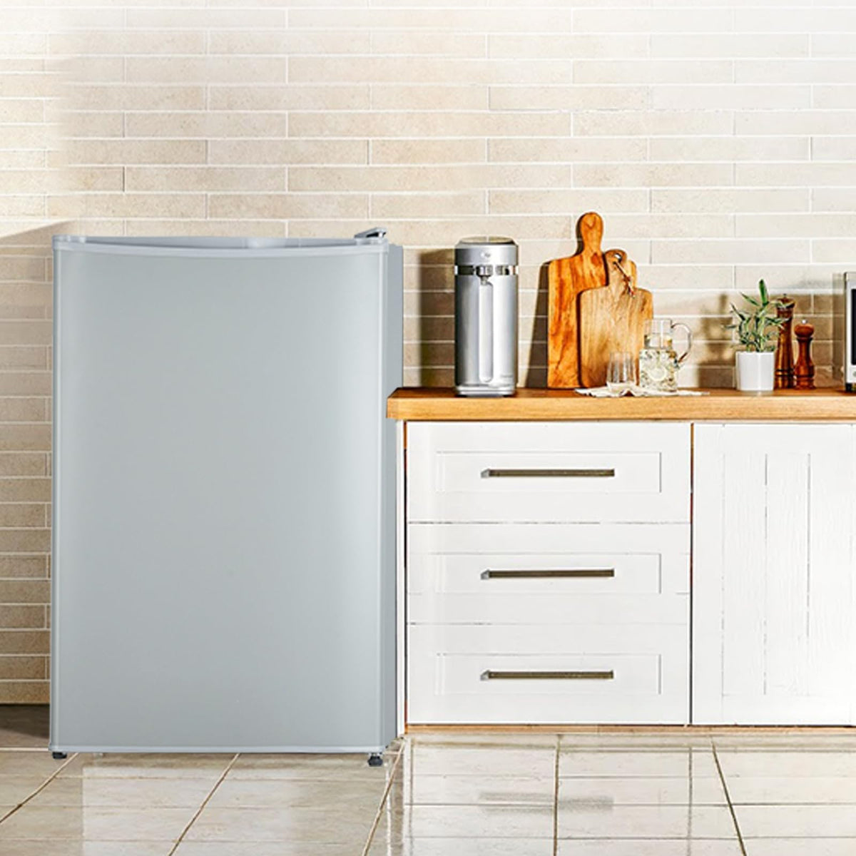 MegaChoice 4.3 Cu.ft Mini Fridge with Freezer, Compact Refrigerator with 7-Level Temperature Control, Single Door Design, Removable Glass Shelves and Crisper Drawer for Bedroom, Dorm, Office, White