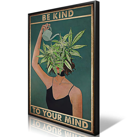 Framed Art Vintage Be Kind To Your Mind Poster Mental Health Quote Canvas Wall Art Cool Poster Unique Green Plant Girl Print Painting Retro Home Wall Decor Picture for Women Bedroom 12x16in