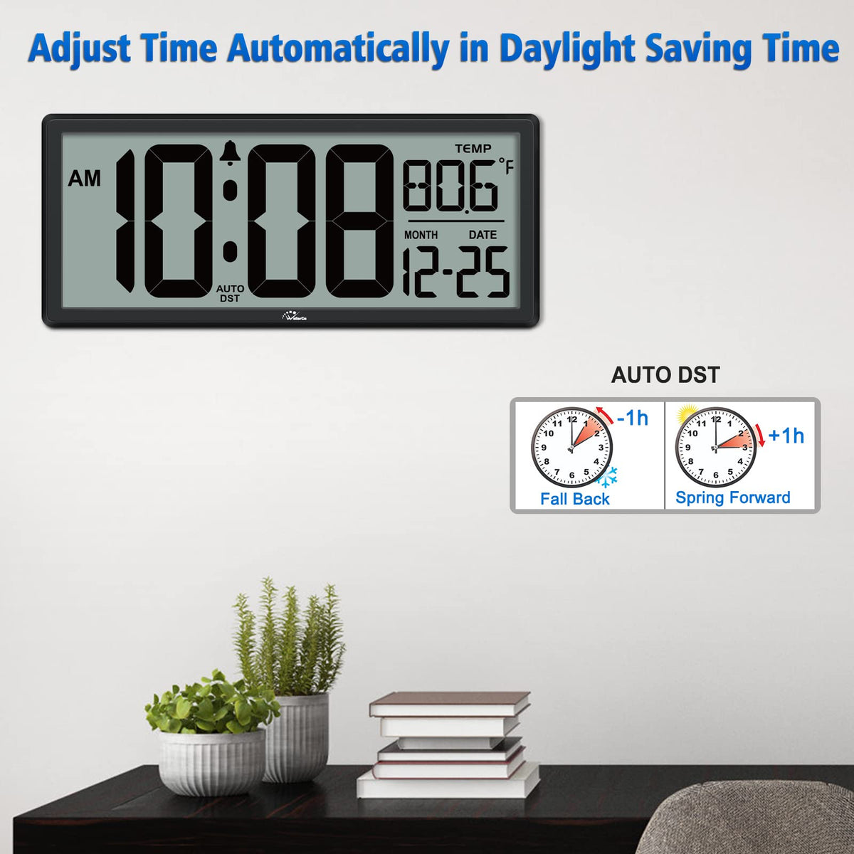 WallarGe 14.5'' Large Digital Wall Clock Battery Operated with Jumbo Numbers, Temperature and Date - Easy to Read and Set, Auto DST