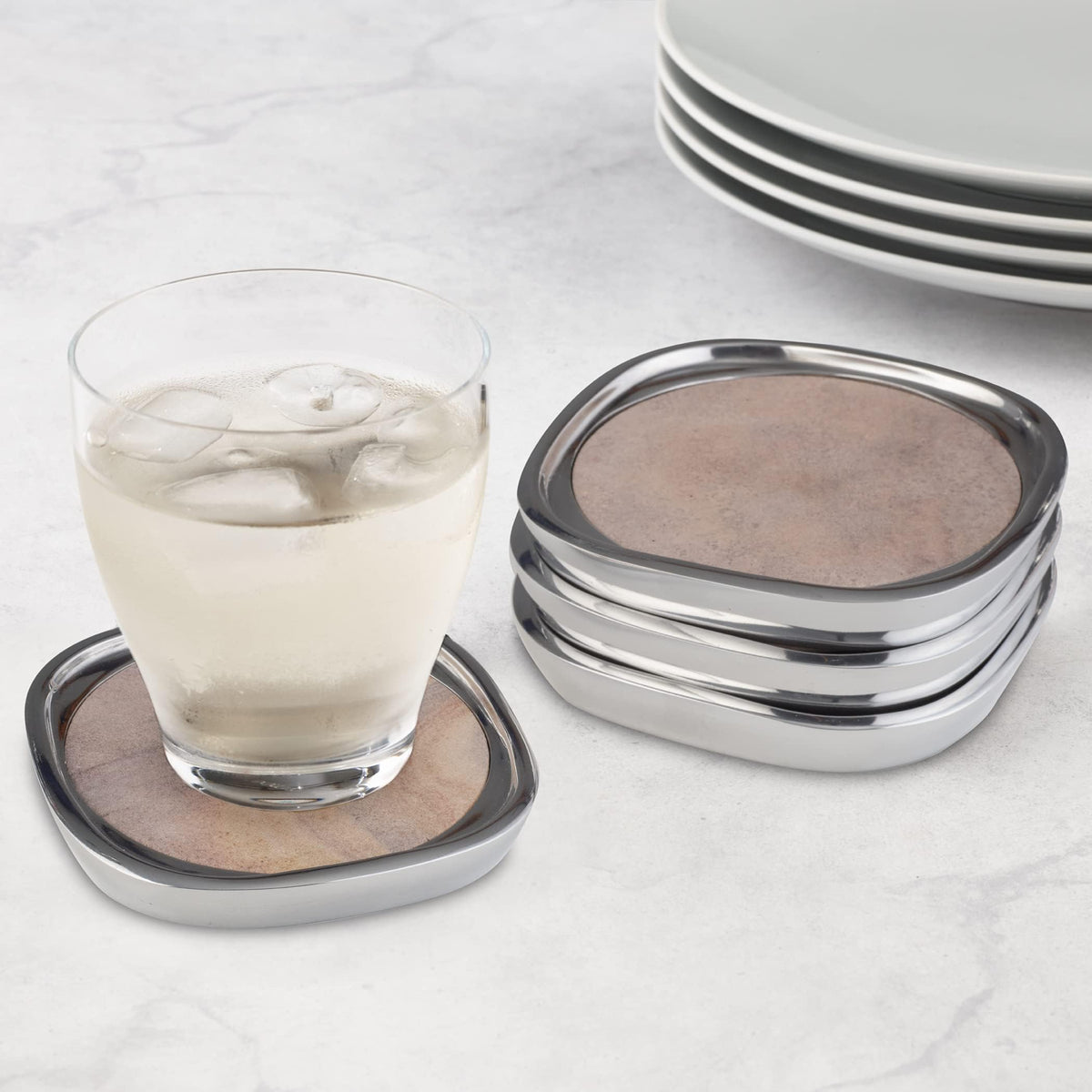 nambe Sandstone Coaster 4-Piece Set | Stone Drinks Coasters for Tabletop Protection | Made of Sandstone and Nambe Alloy | Naturally Absorbent for Coffee Table or Bar Décor | 4.75 Inches.