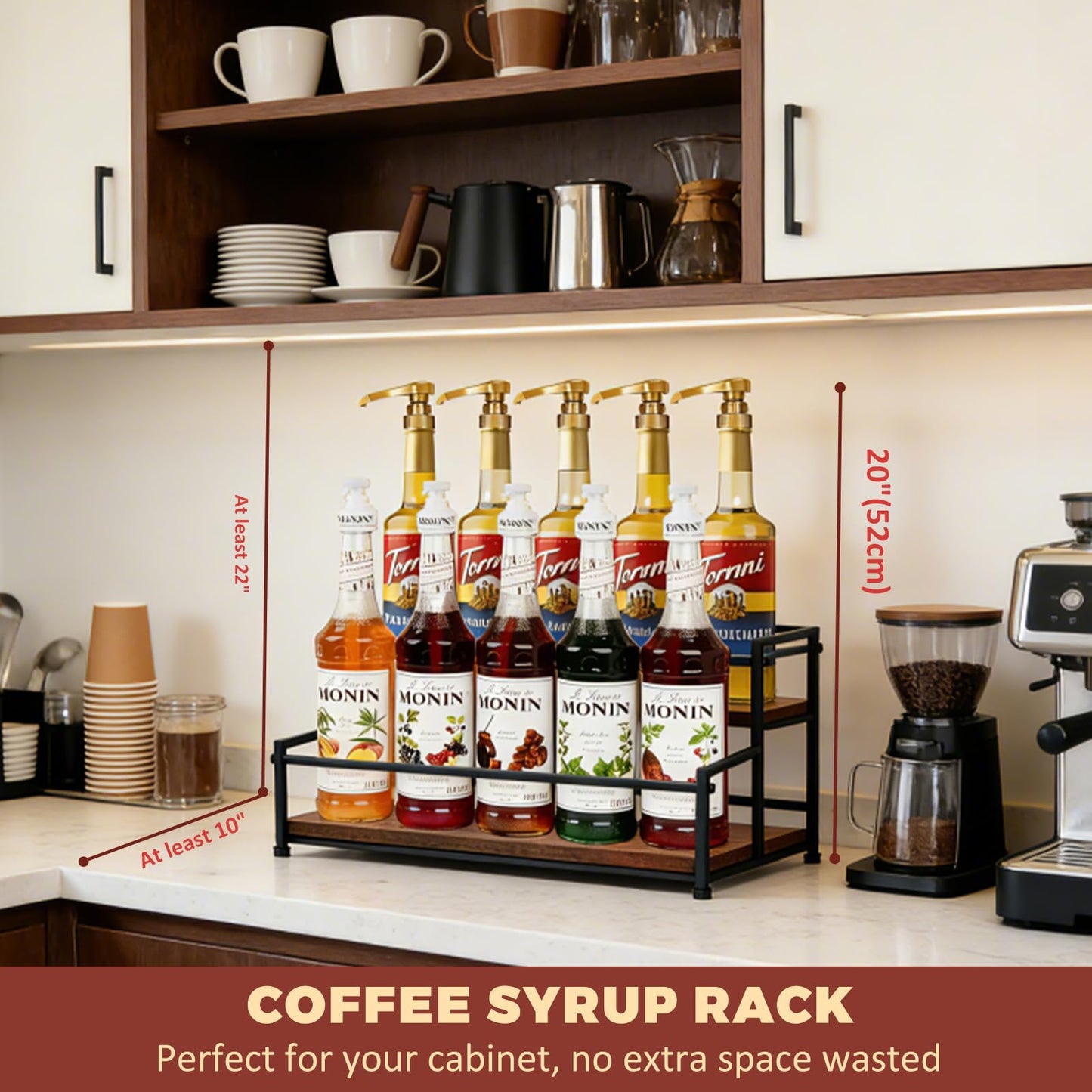 HRUSGO Coffee Syrup Rack Organizer - Metal Bottle Holder for 10 Bottles – Rustic Countertop Display Shelf for Coffee Bar, Kitchen Cabinet, Pantry Storage for Syrups, Liquor, Spice, Tea & Wine (2-Tier)