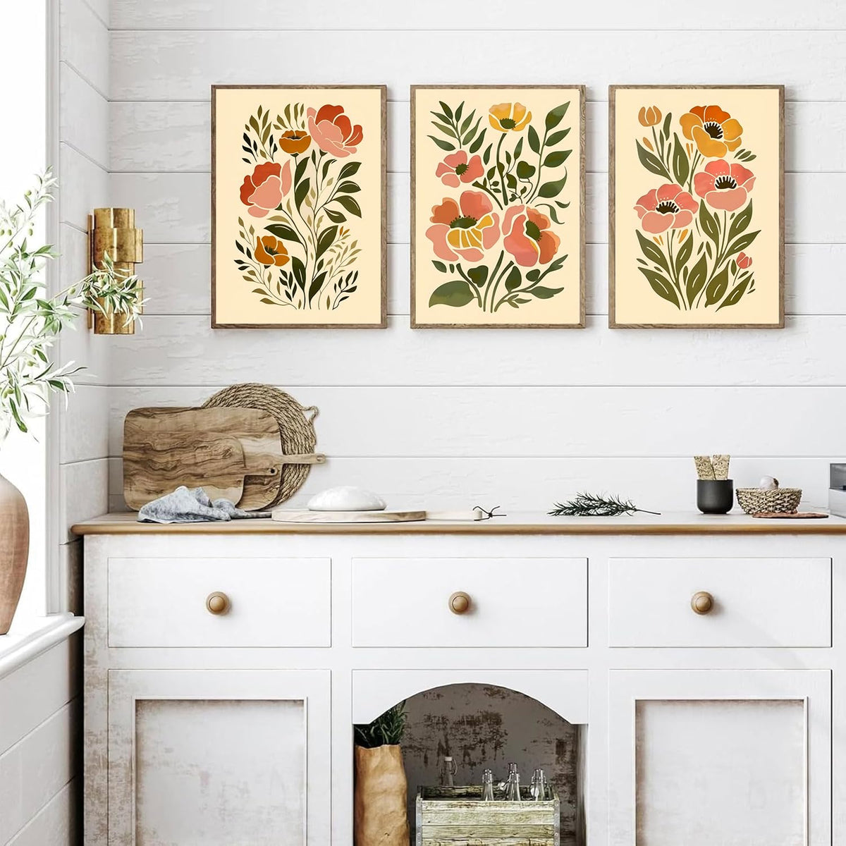 SFXYRTAH 3Pcs Boho Floral Wall Art Abstract Botanical Flower Posters Neutral Beige Green Minimalist Plant Prints for Living Room Bedroom Office Home Decor Unframed (12x16in posters)
