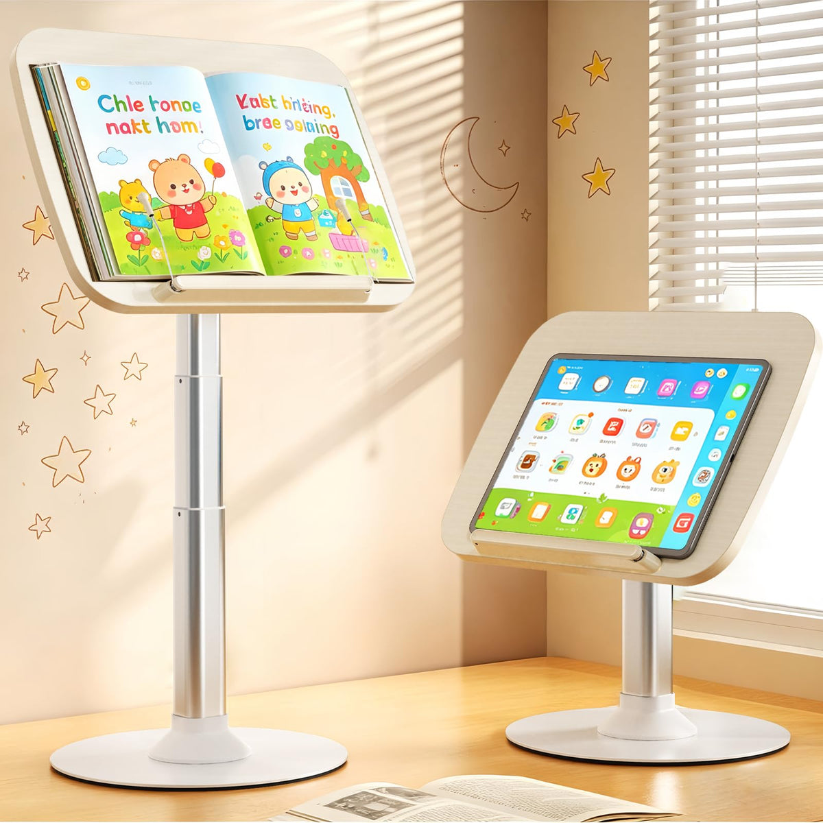 2-in-1 Kids Reading Stand for Books and Tablets,Adjustable Angle Height Book Holder with Book Clip,Kid-Friendly Ergonomic Book Holder for Toddlers,Laptop Riser Stand for Homeschool Floor Couch Bed Car
